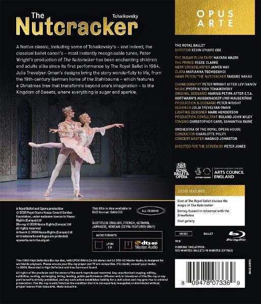 Rückseite einer Nussknacker-Blu-ray mit Text, Besetzung, Barcode und Ballettszene.