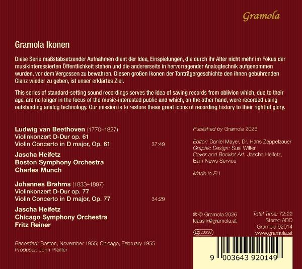 Gramola-CD-Rückseite mit Tracklist von Beethoven und Brahms, Texten auf Deutsch und Englisch sowie einem Barcode unten.