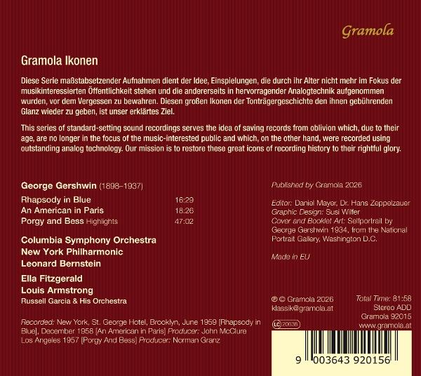 Rückseite einer Gramola-CD mit George Gershwin Titeln, Tracklist, Orchesterinformationen und Barcode auf rotem Grund.