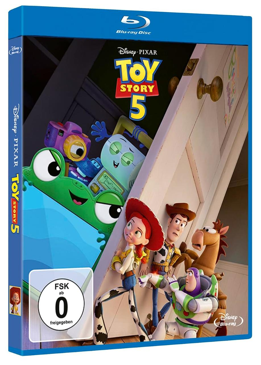 Toy Story 5 Blu-ray-Hülle mit Woody, Buzz Lightyear, Jessie und neuen Spielzeugfiguren.