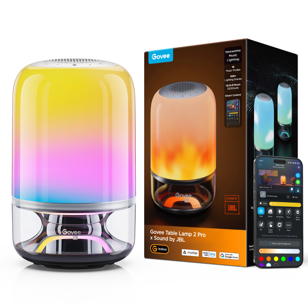 Govee Table Lamp 2 Pro mit Lautsprecher, Verpackung und Smartphone-App.
