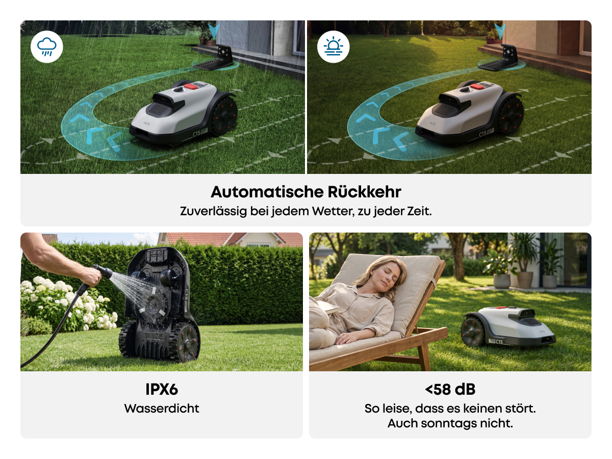 Ein Mähroboter in verschiedenen Szenen: im Regen, beim Waschen, leise auf dem Rasen.