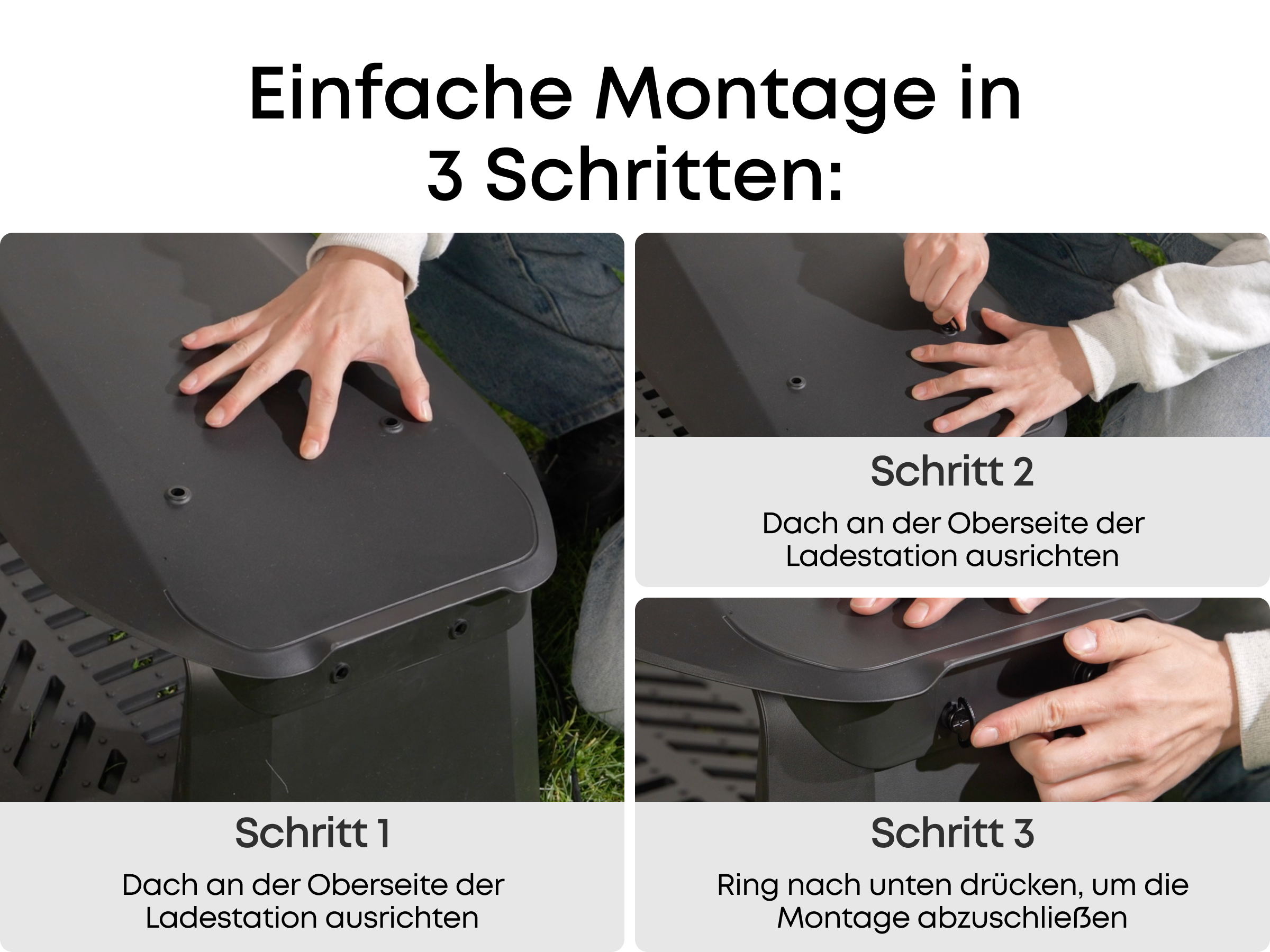 Drei Schritte zur Montage: Dach auf Ladestation ausrichten und Ring nach unten drücken.