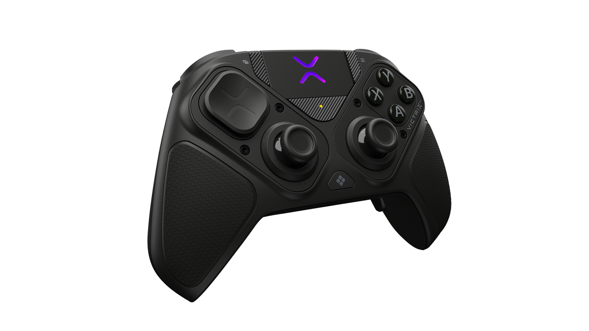 Une manette de jeu noire avec deux joysticks, une croix directionnelle, des boutons d'action et un logo lumineux.