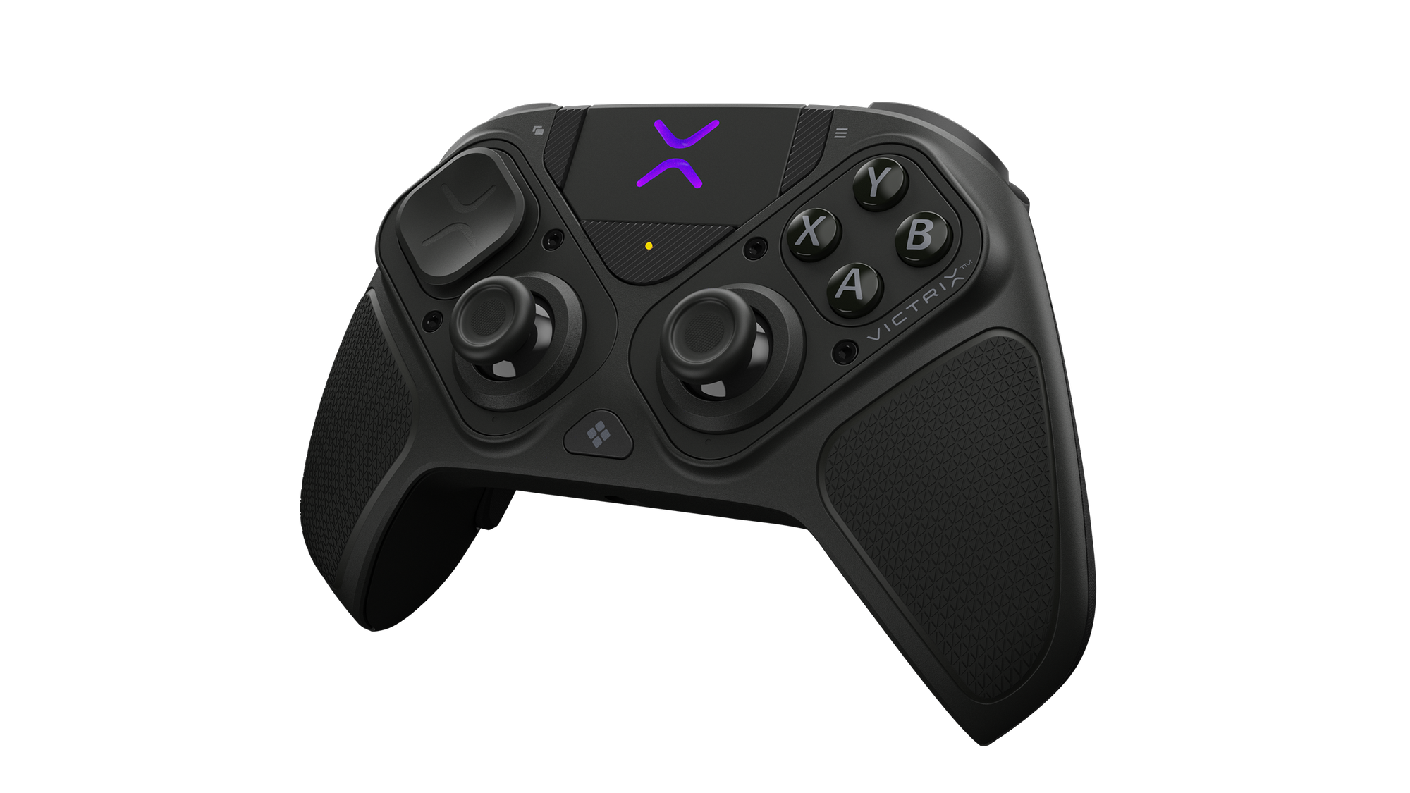 Une manette de jeu noire Victrix avec deux joysticks, des boutons d'action et un logo violet lumineux.