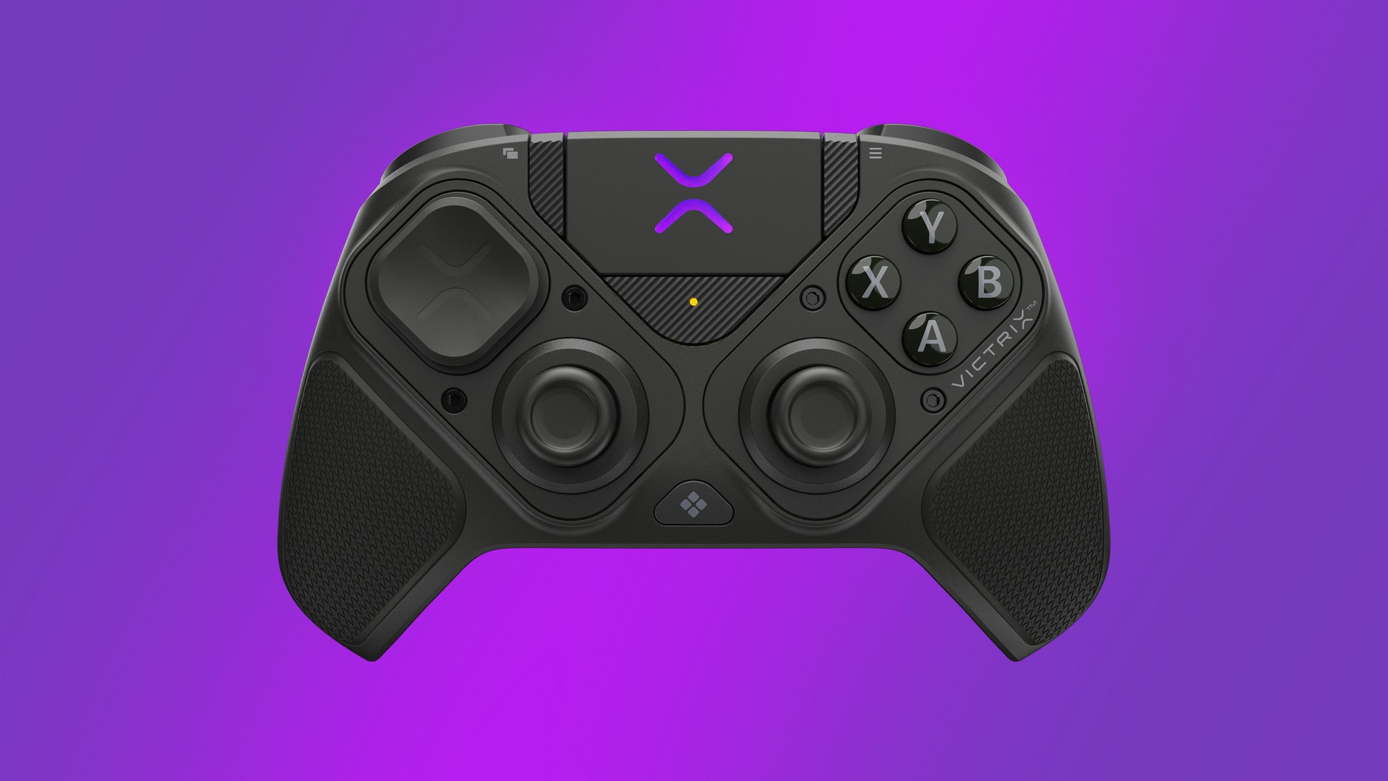 Une manette de jeu noire Victrix avec un logo violet sur fond violet vif.