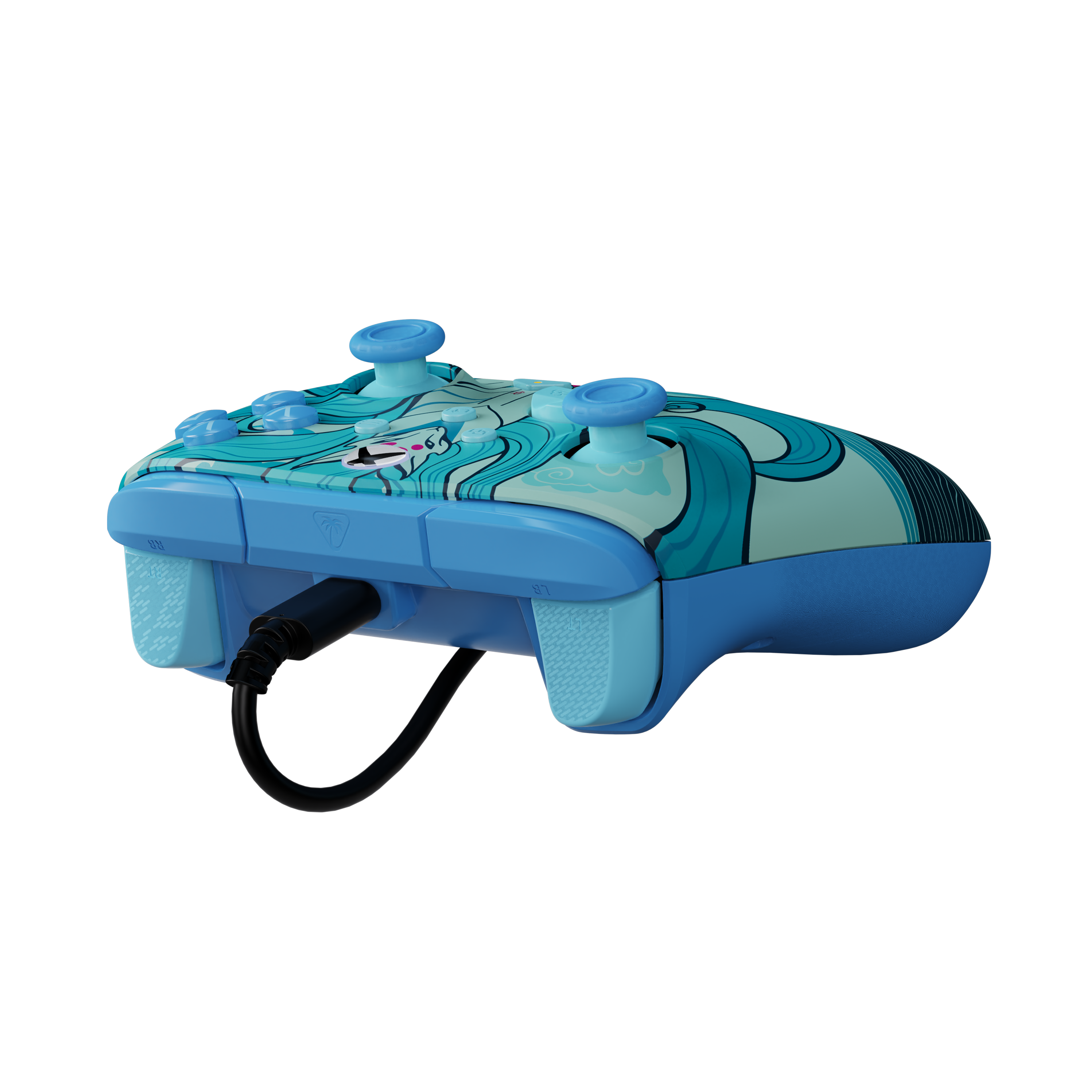 Une manette Xbox bleue avec des illustrations turquoise et un câble noir connecté sur fond noir.