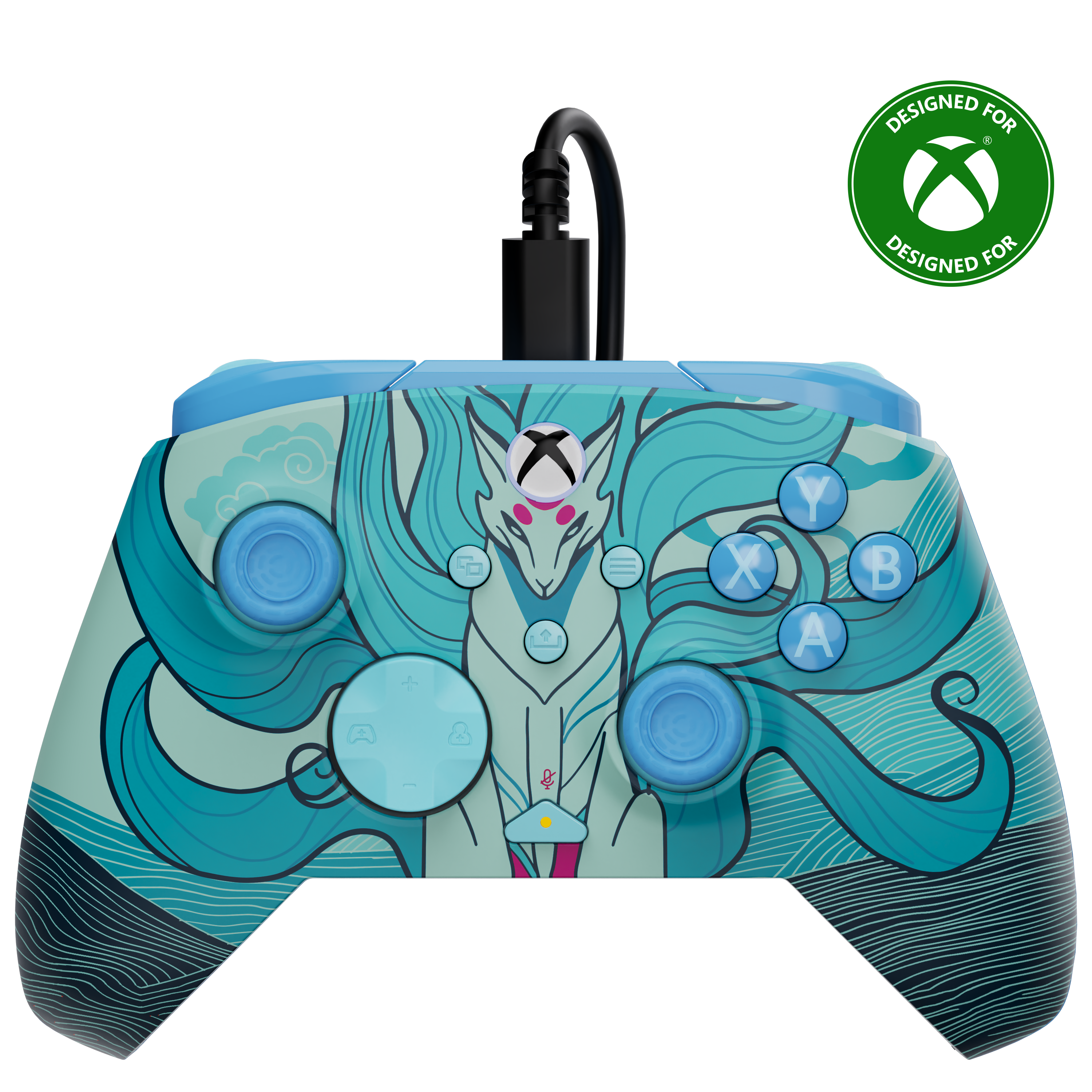 Manette Xbox turquoise avec un design de renard bleu, un câble noir et un logo Xbox blanc dans un cercle vert.