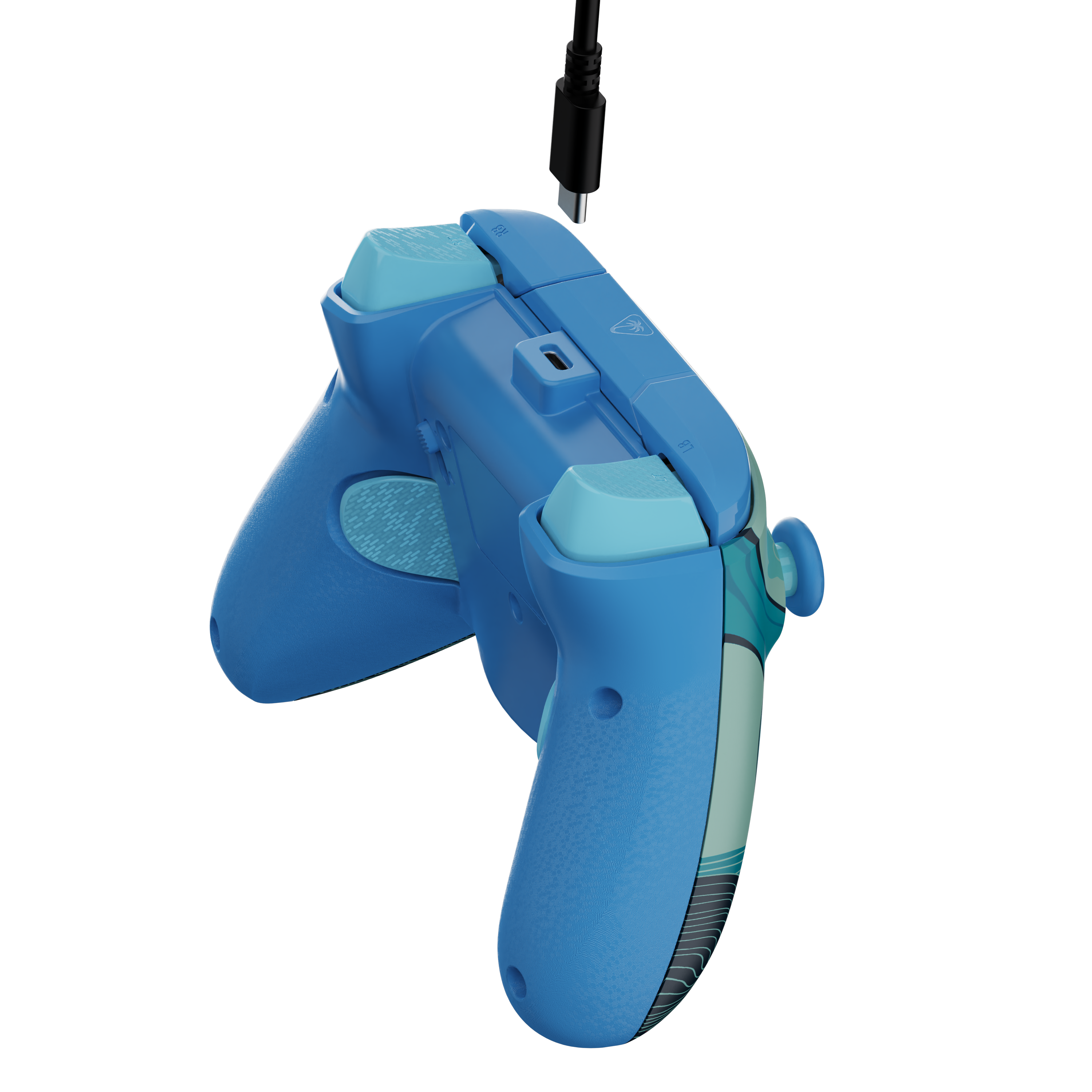 Une manette de jeu bleue et turquoise sur fond noir, avec un câble USB positionné au-dessus.