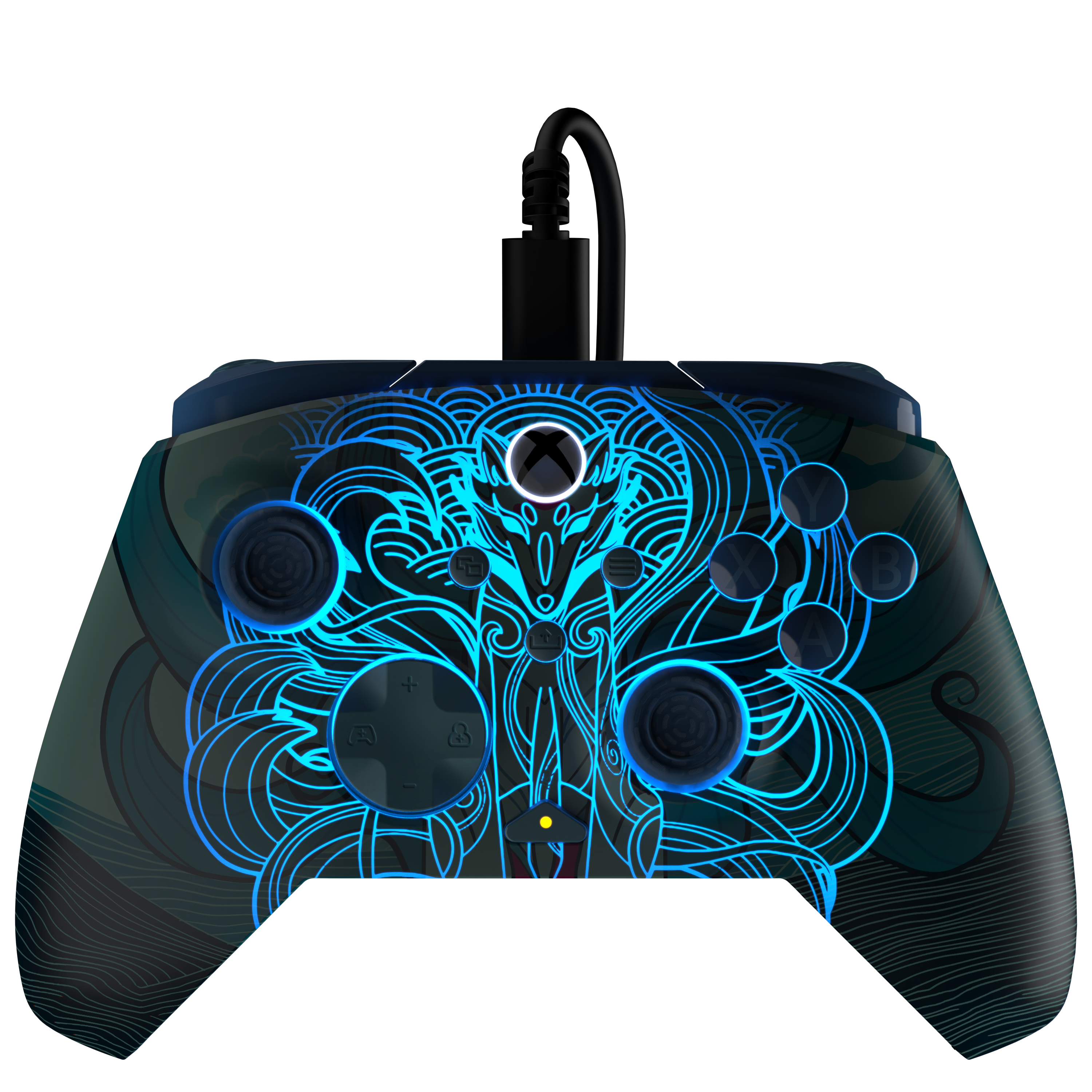 Une manette Xbox noire dotée de motifs bleus lumineux et d'un logo Xbox éclairé sur fond noir.