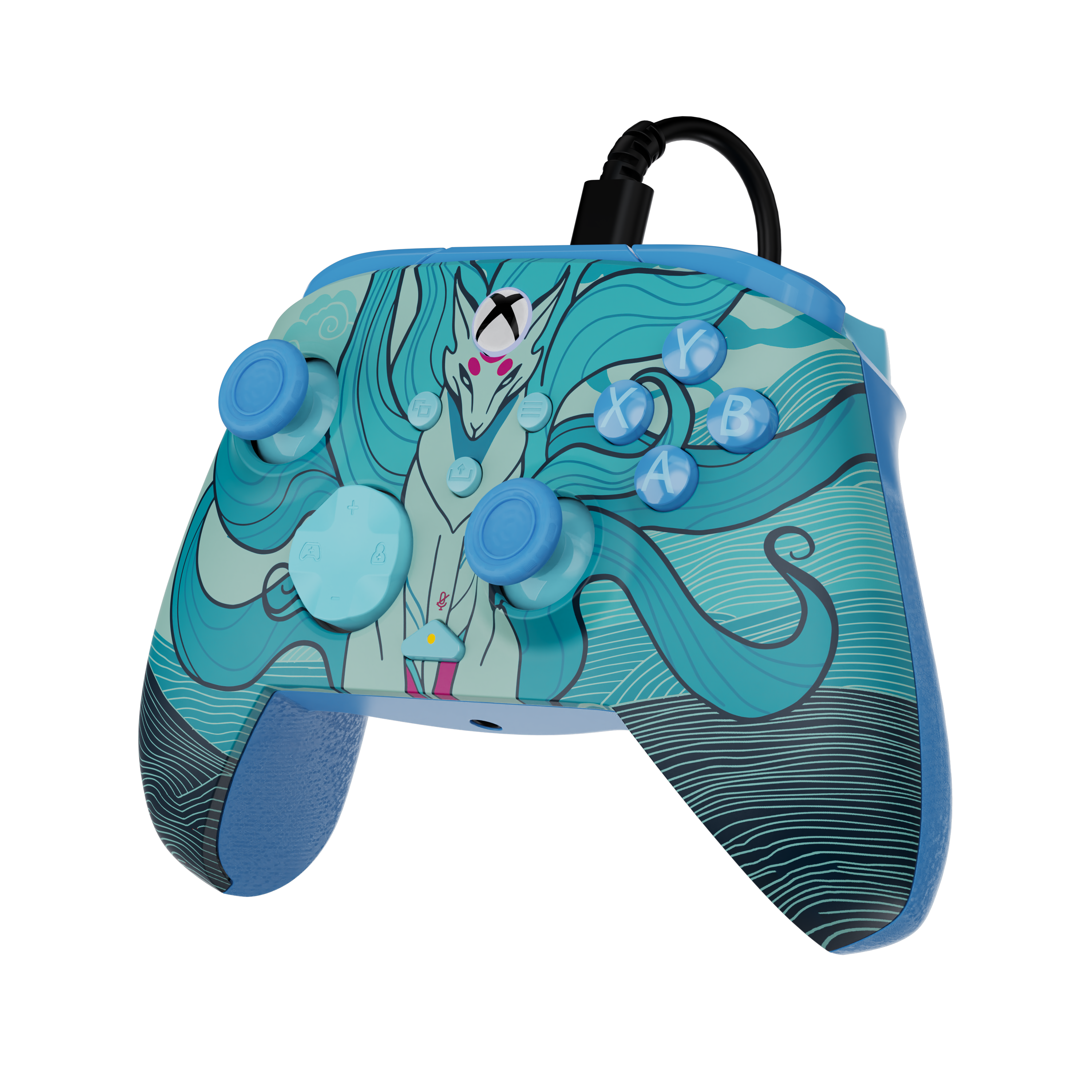 Une manette Xbox bleue avec un design de renard turquoise artistique sur fond noir.