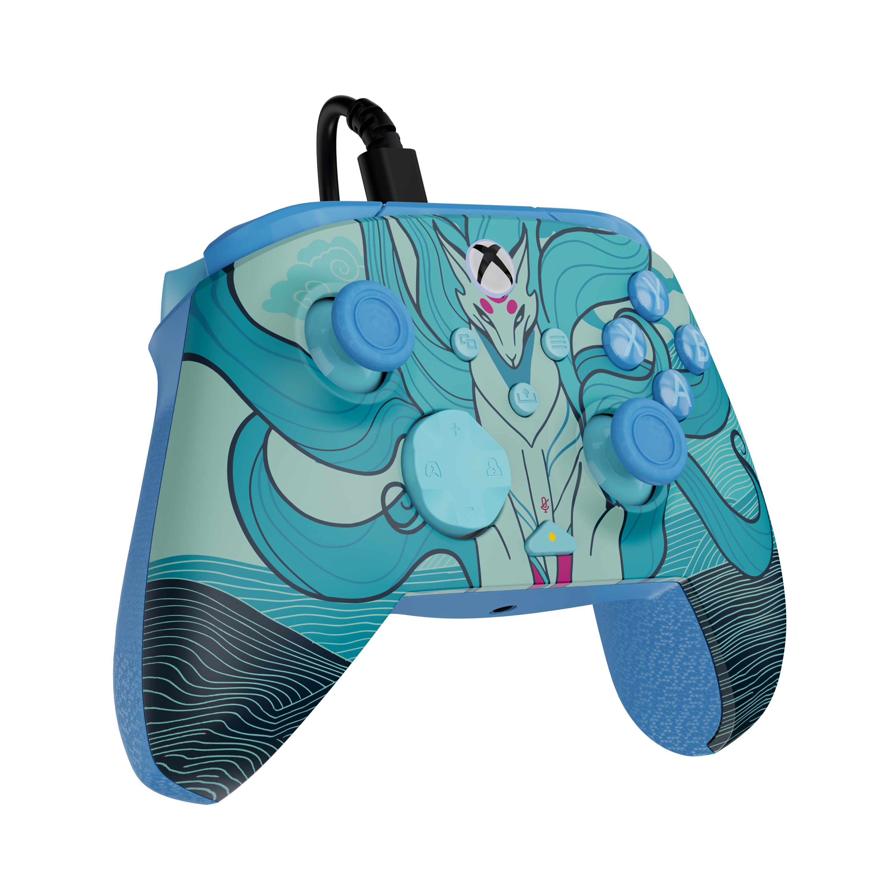 Manette Xbox turquoise avec design de renard et câble noir sur fond noir.