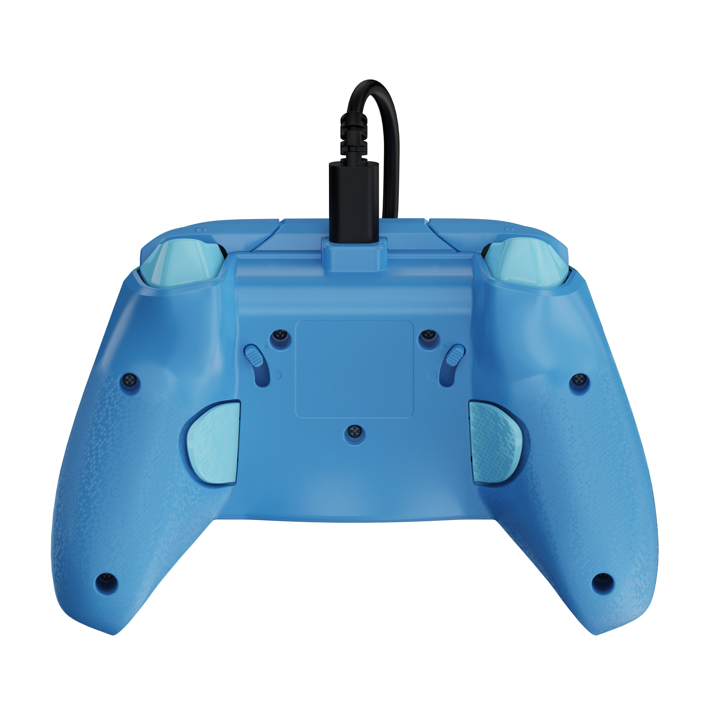 Manette de jeu bleue avec un câble noir sur fond noir.