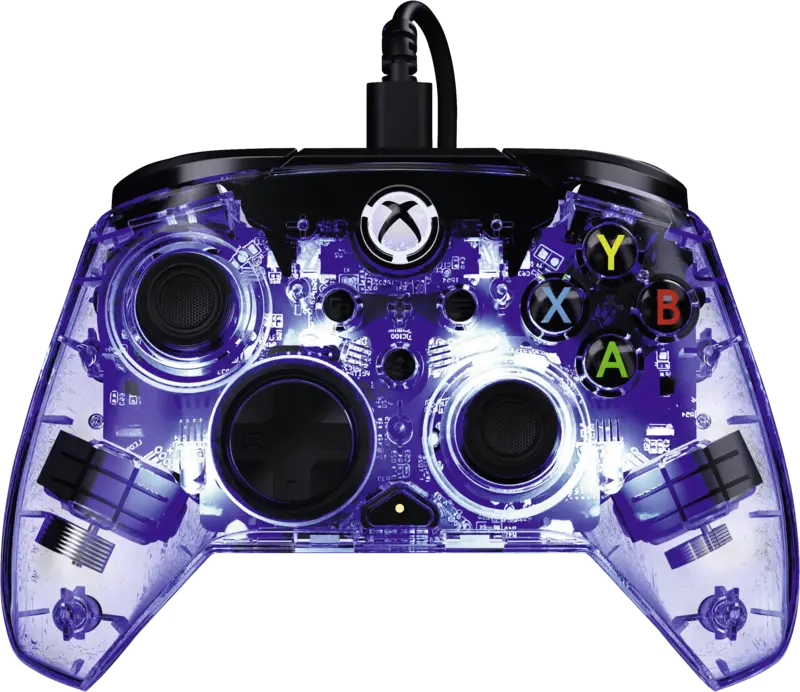 Manette Xbox violette transparente avec électronique interne visible, boutons ABXY colorés et câble.