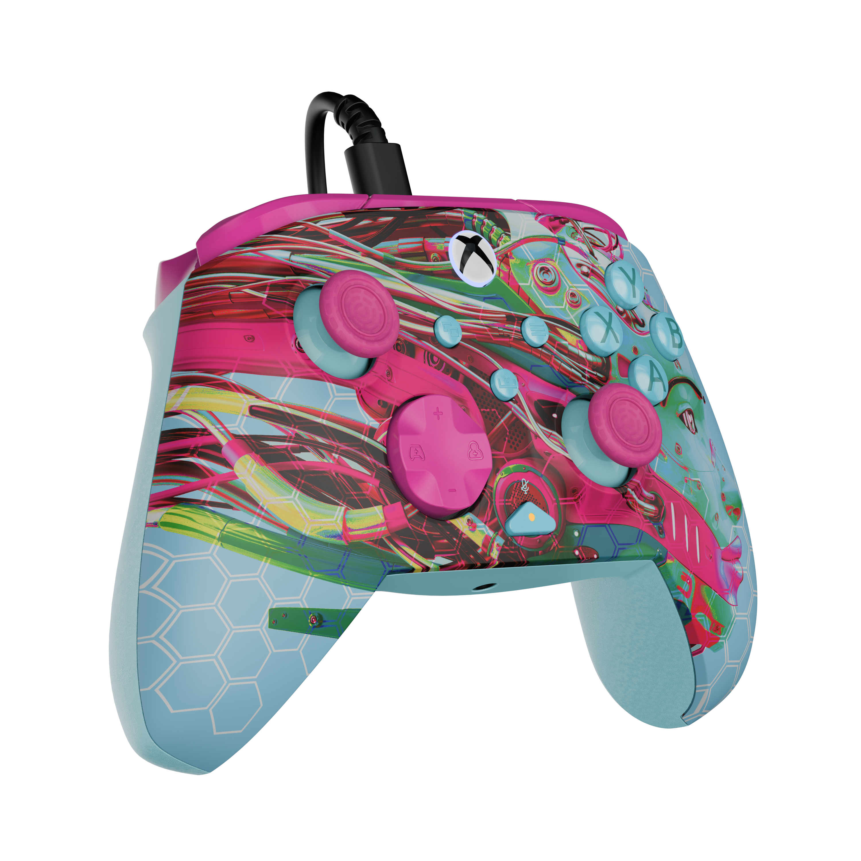 Une manette Xbox filaire avec des lignes et des motifs abstraits colorés sur le devant.