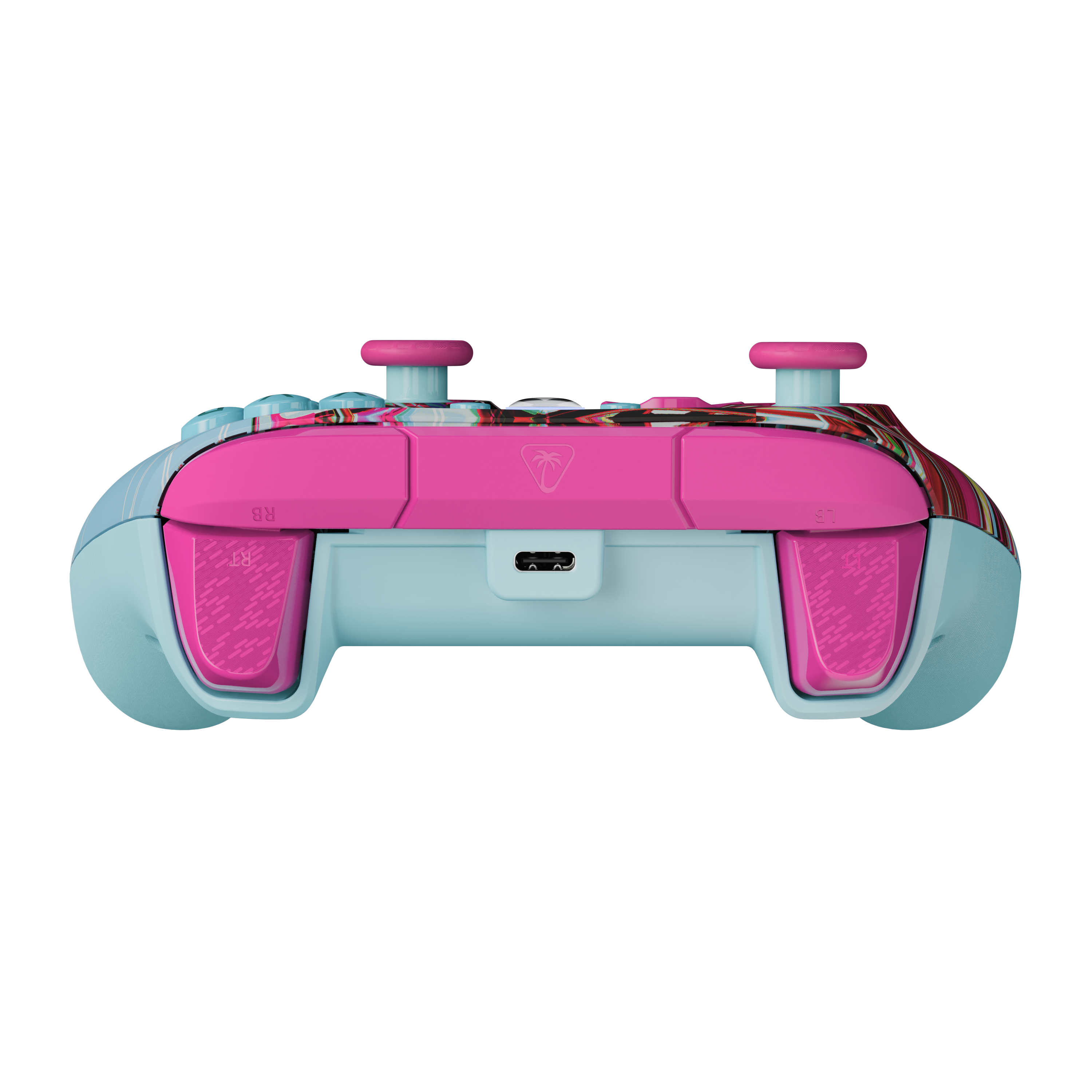 Une manette de jeu colorée avec des accents roses et bleu clair, photographiée sur fond noir.