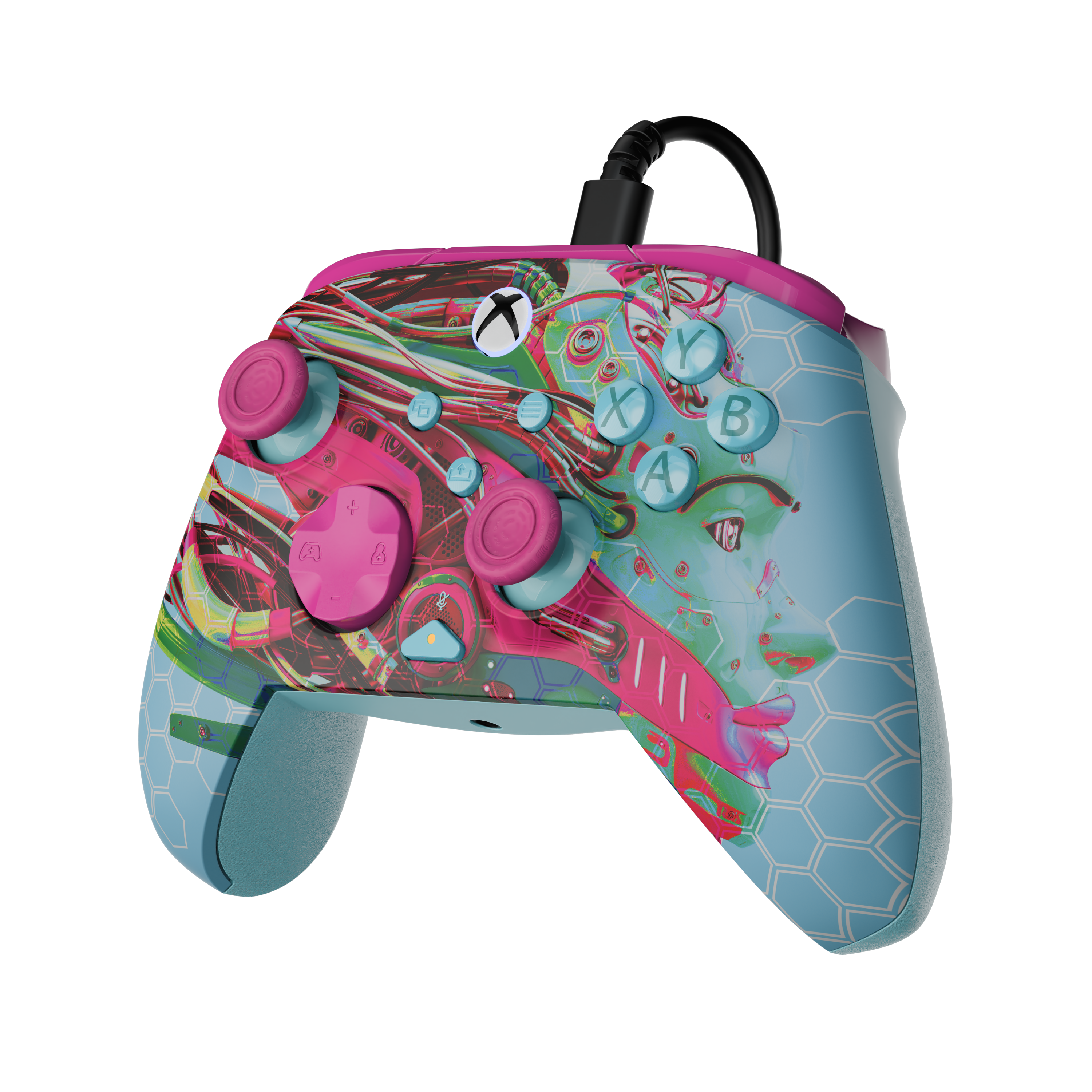 Une manette Xbox colorée avec un motif graphique cyberpunk et un câble connecté sur fond noir.