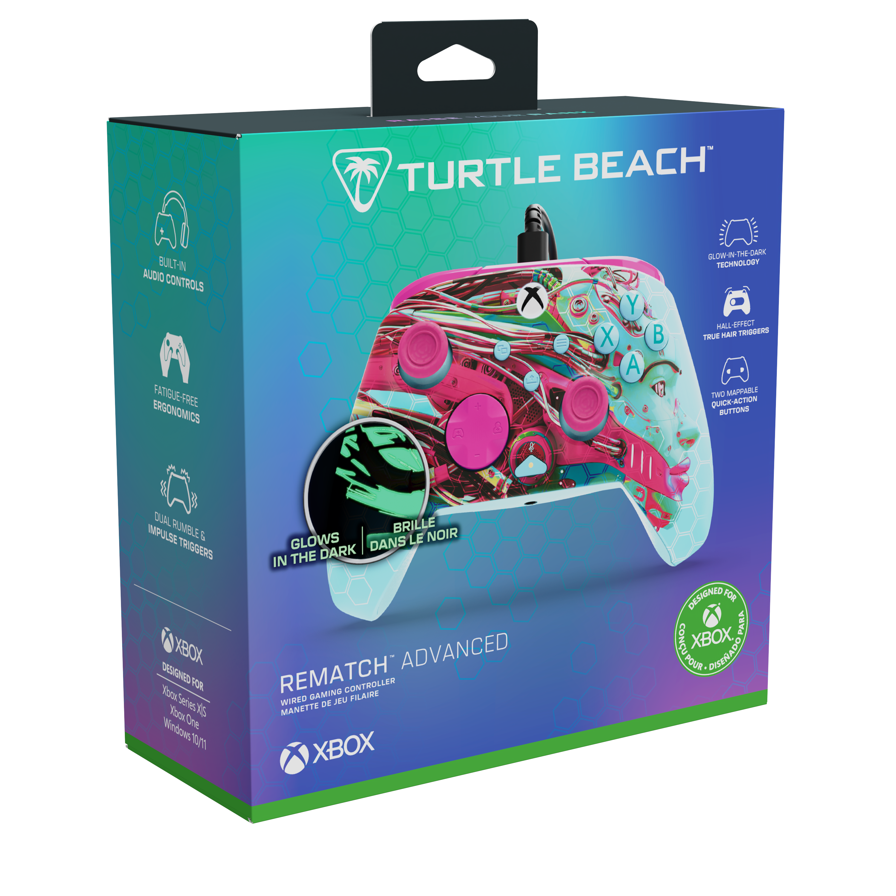 Boîte de la manette de jeu filaire Turtle Beach Rematch Advanced rose pour Xbox avec fonction phosphorescente.