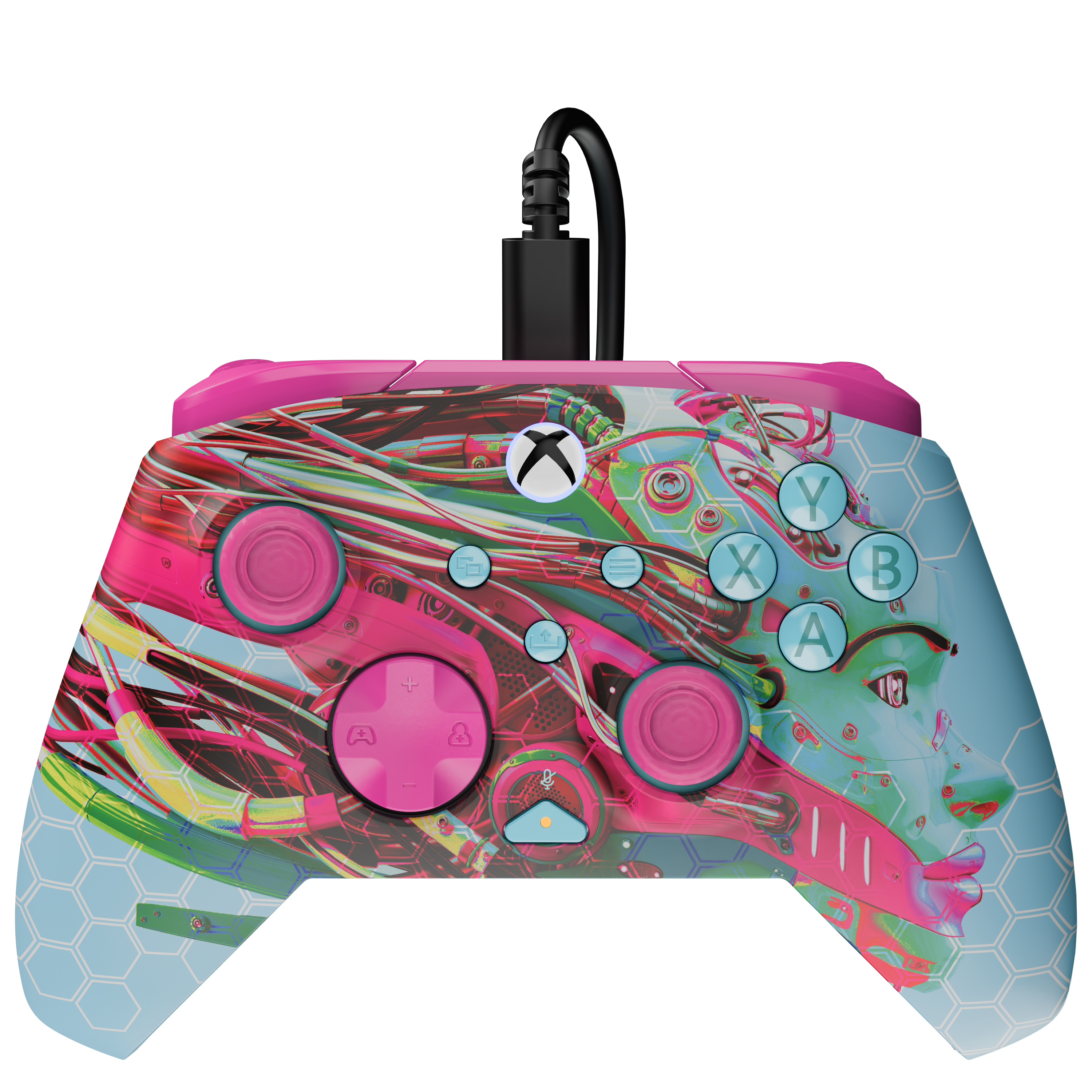 Une manette Xbox colorée avec un motif robotique et de câbles futuriste, et un câble attaché en haut.