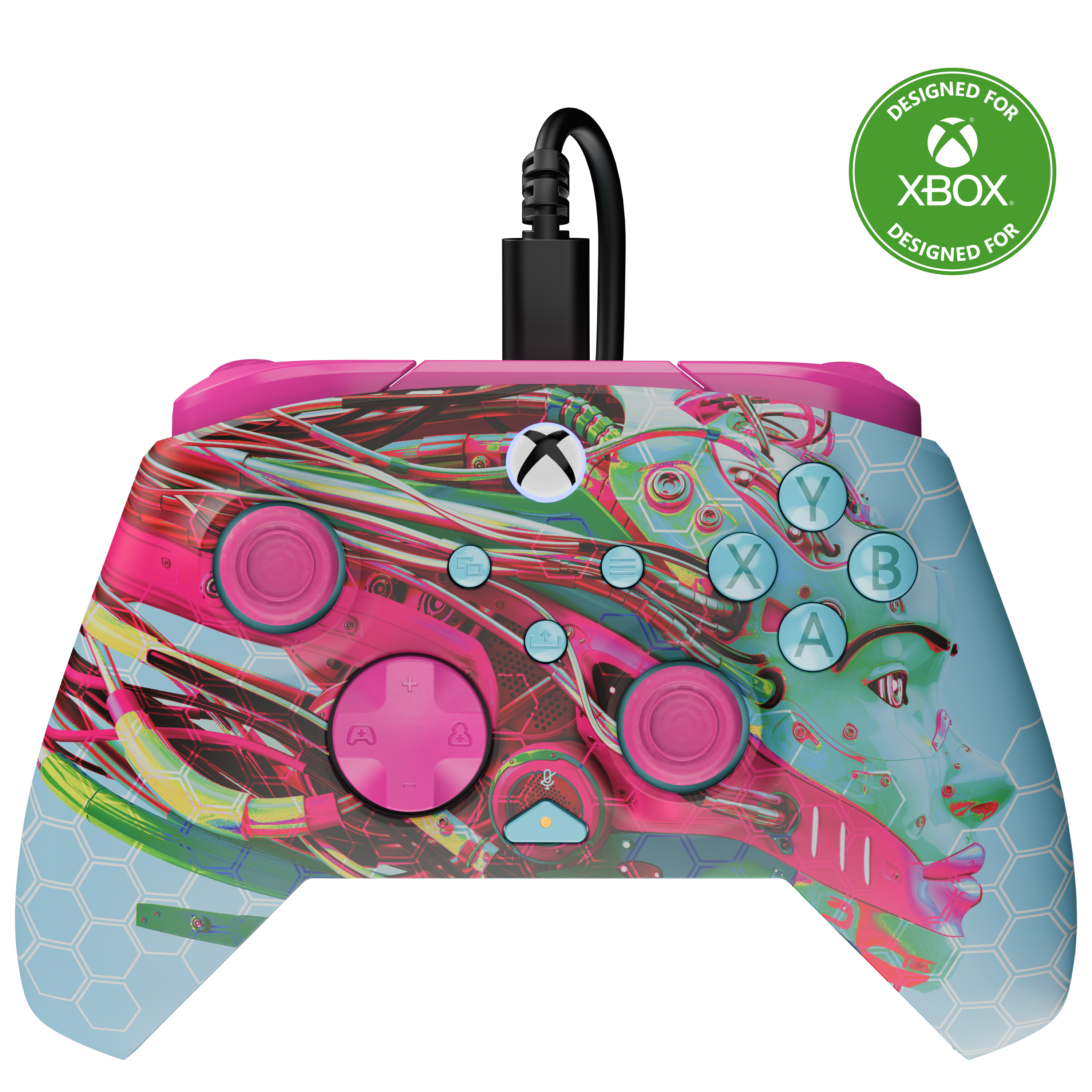 Une manette Xbox filaire avec des graphismes cyberpunk colorés en rose, bleu et vert sur fond noir.