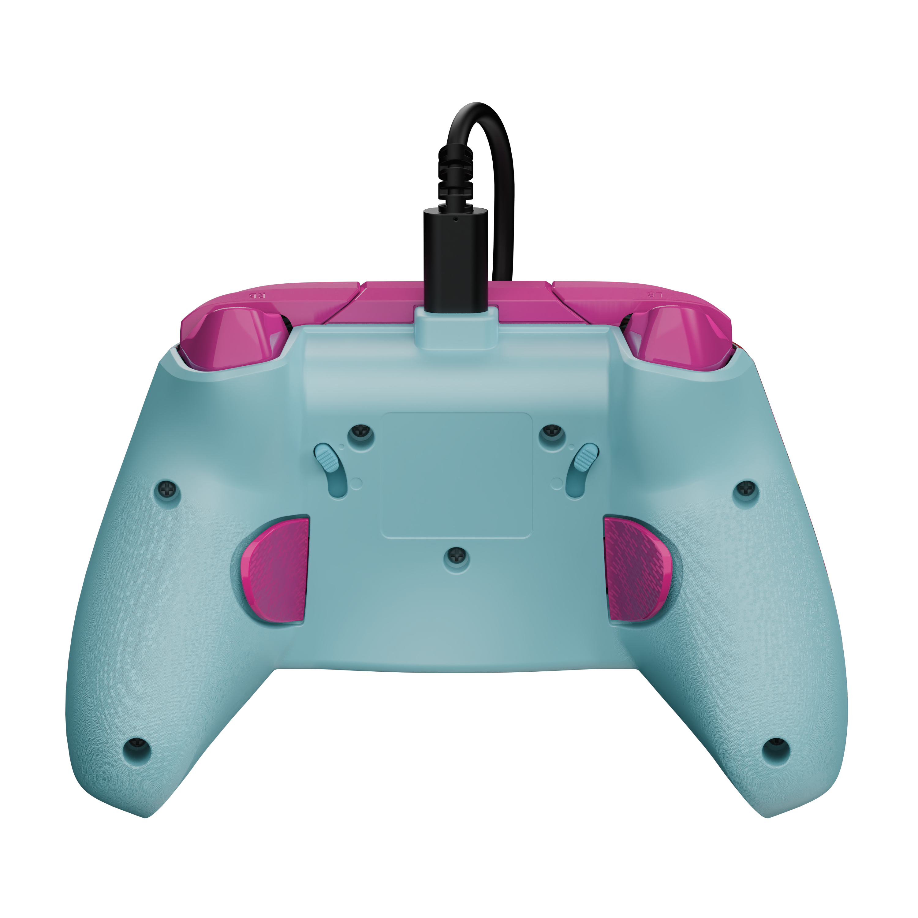 Vue arrière d'une manette de jeu bleu clair et rose avec un câble noir connecté sur fond noir.
