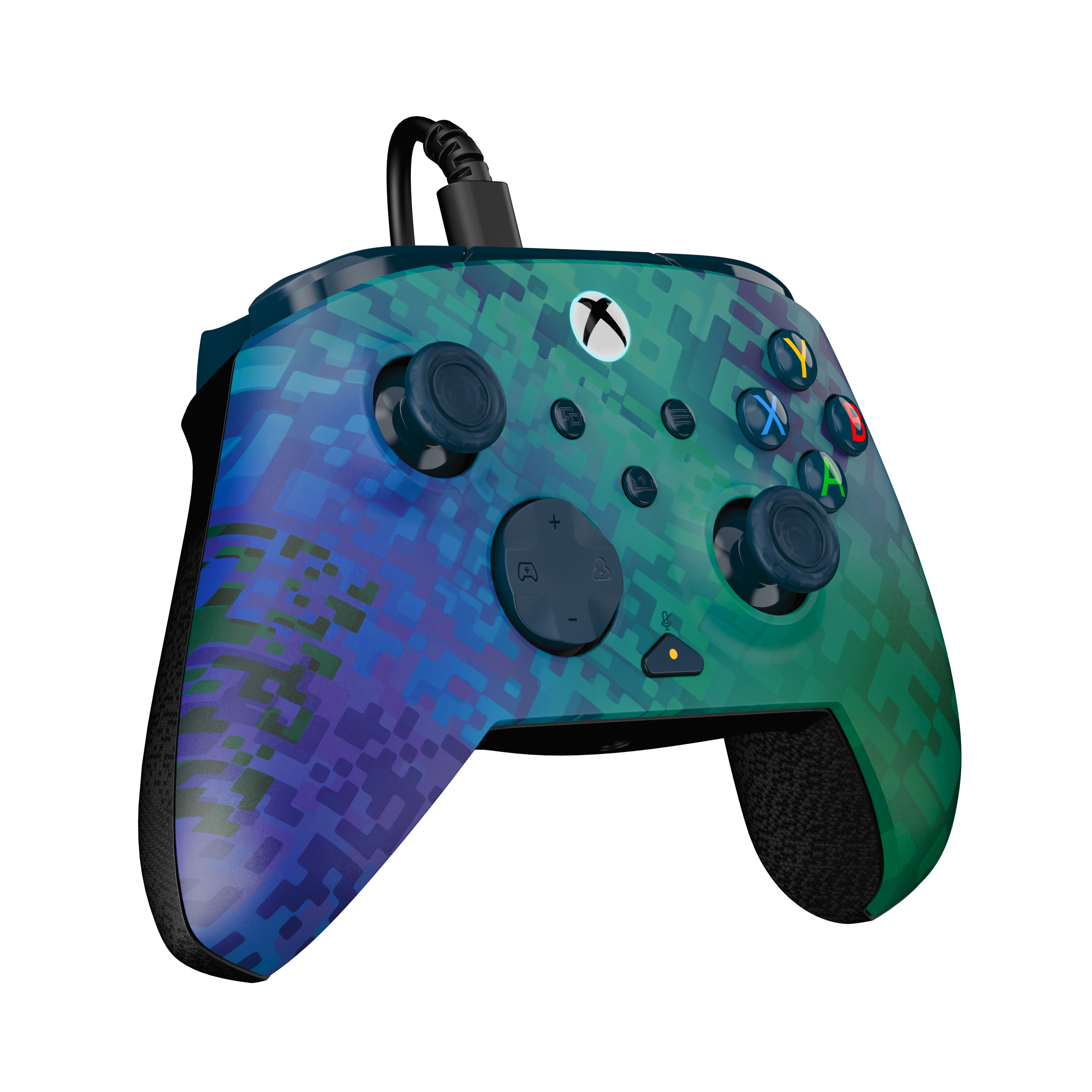 Manette Xbox bleue et verte avec motif pixel et câble noir sur fond noir.