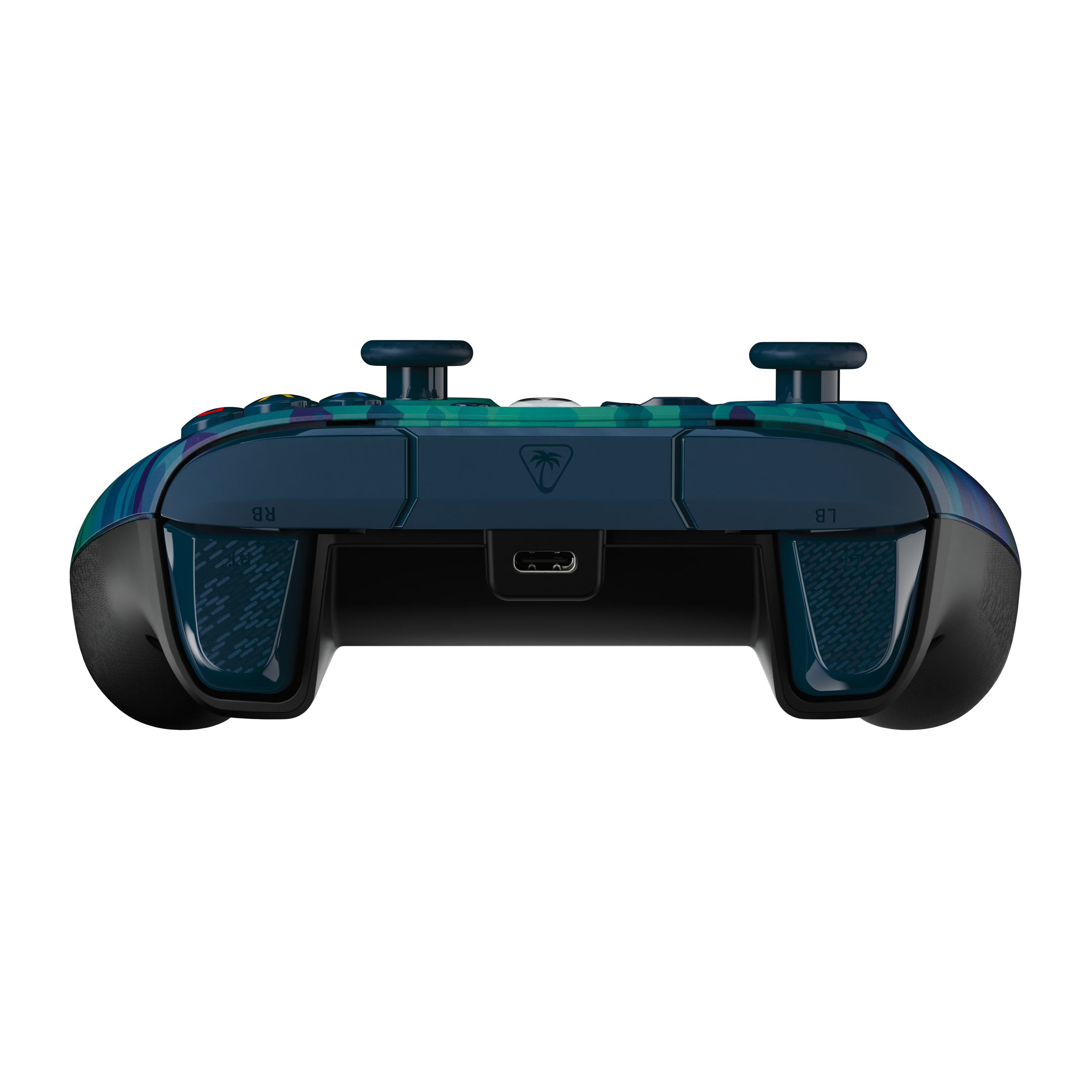 Vue arrière d'une manette bleue et verte avec un port USB-C sur fond noir.