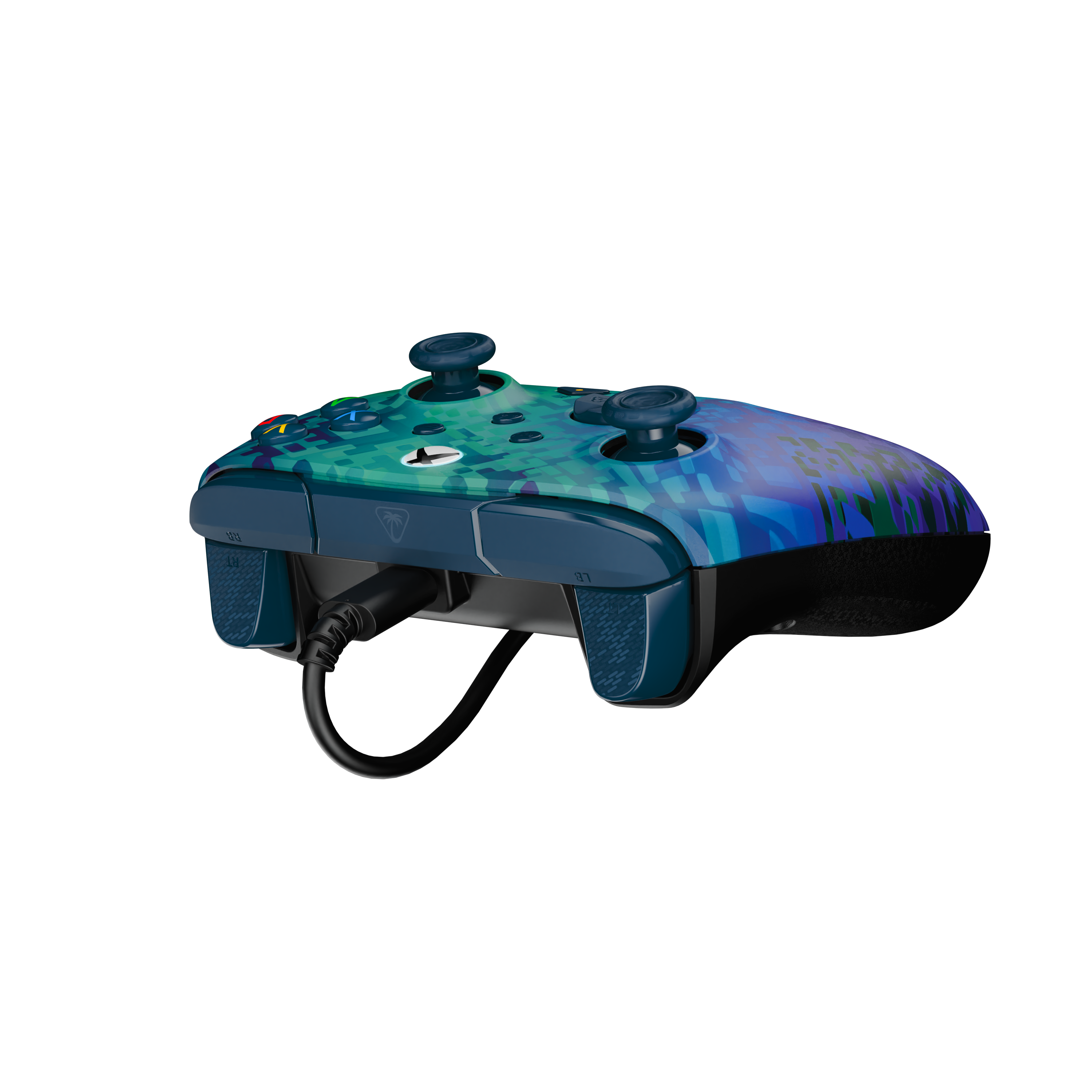 Une manette Xbox à motif bleu et vert avec un câble connecté sur fond noir.