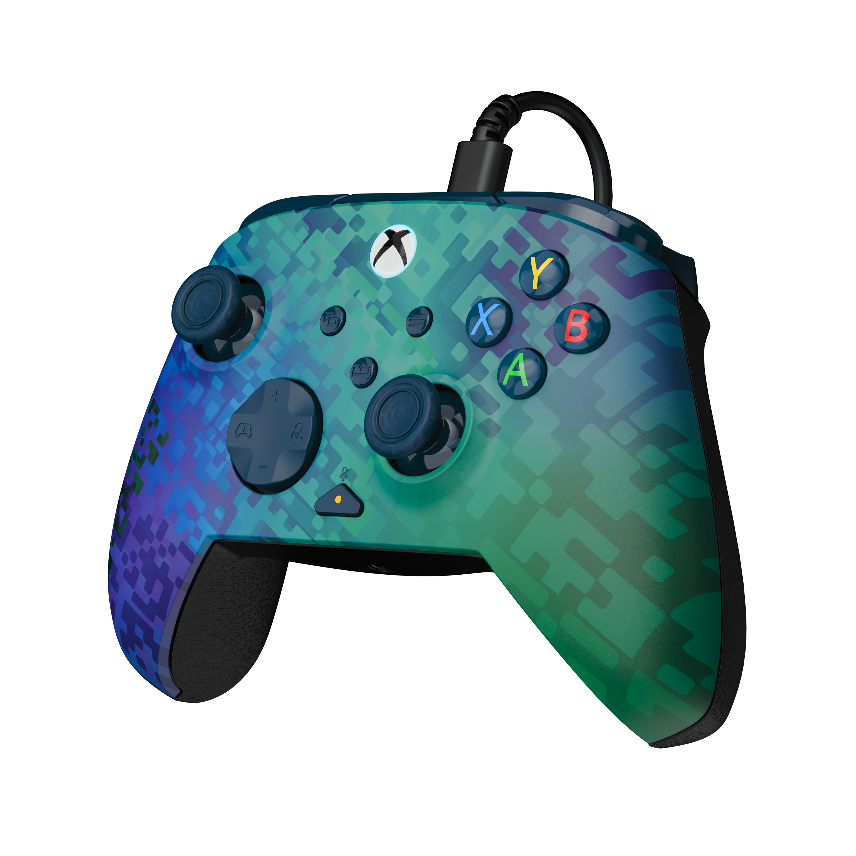 Manette Xbox à motif de pixels bleu et vert avec un câble noir connecté sur fond noir uni.