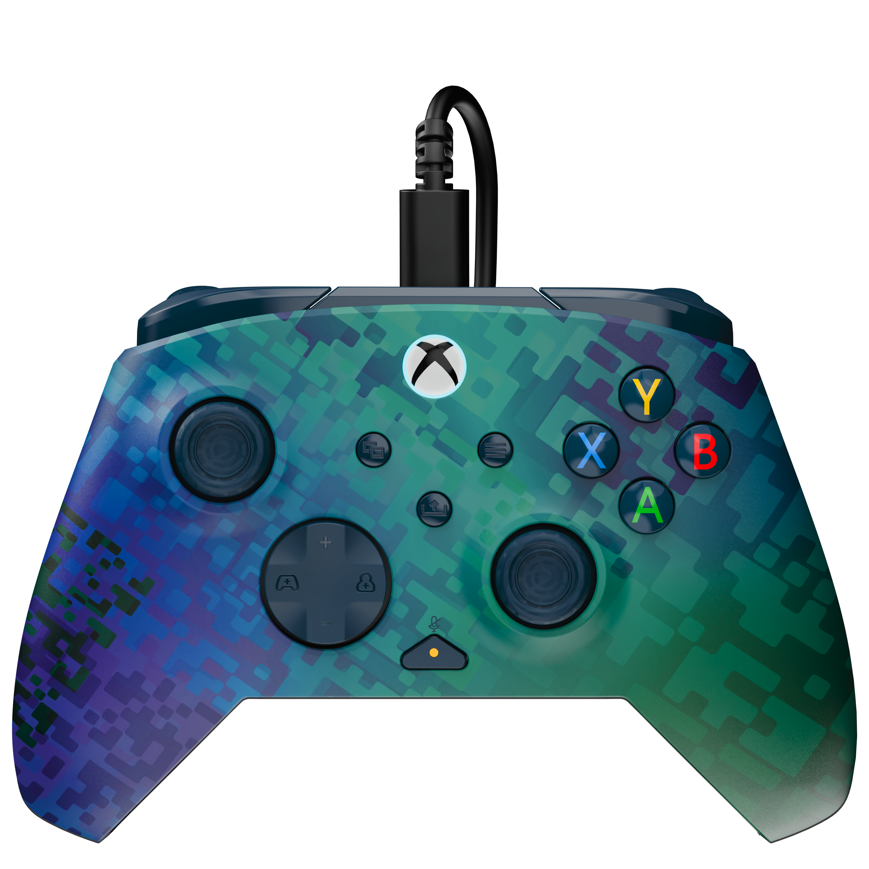 Une manette Xbox bleue et verte à motif de pixels avec un câble noir connecté, sur fond noir.