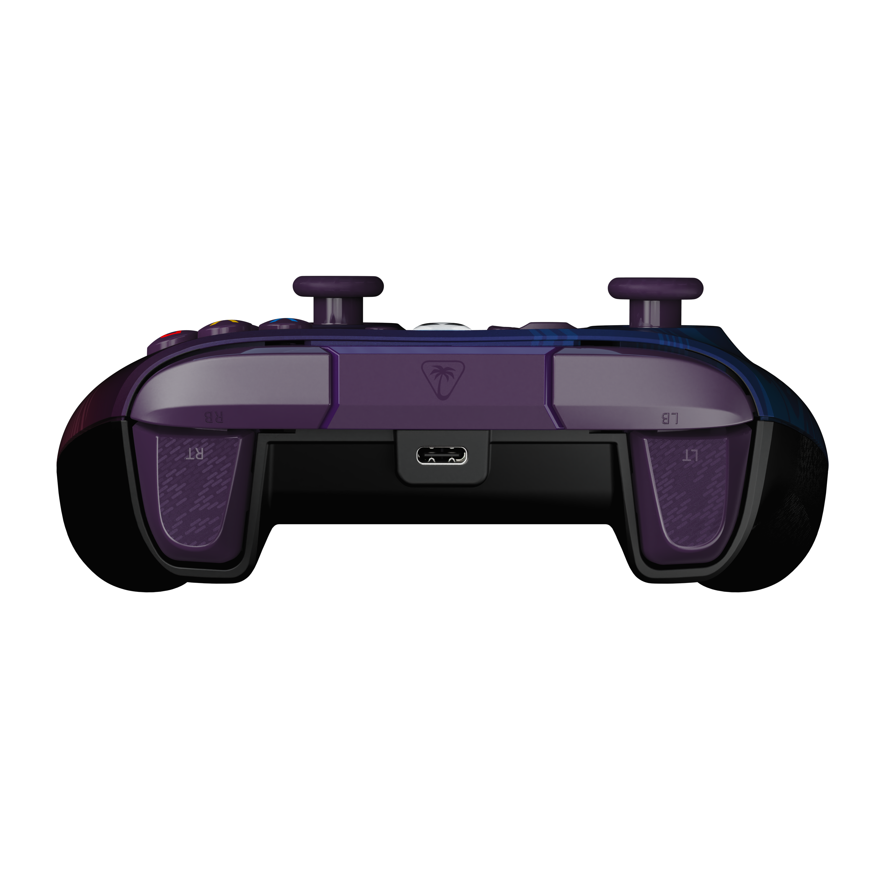Gros plan d'une manette de jeu violette montrant des boutons de tranche, des gâchettes et un port USB-C sur fond noir.