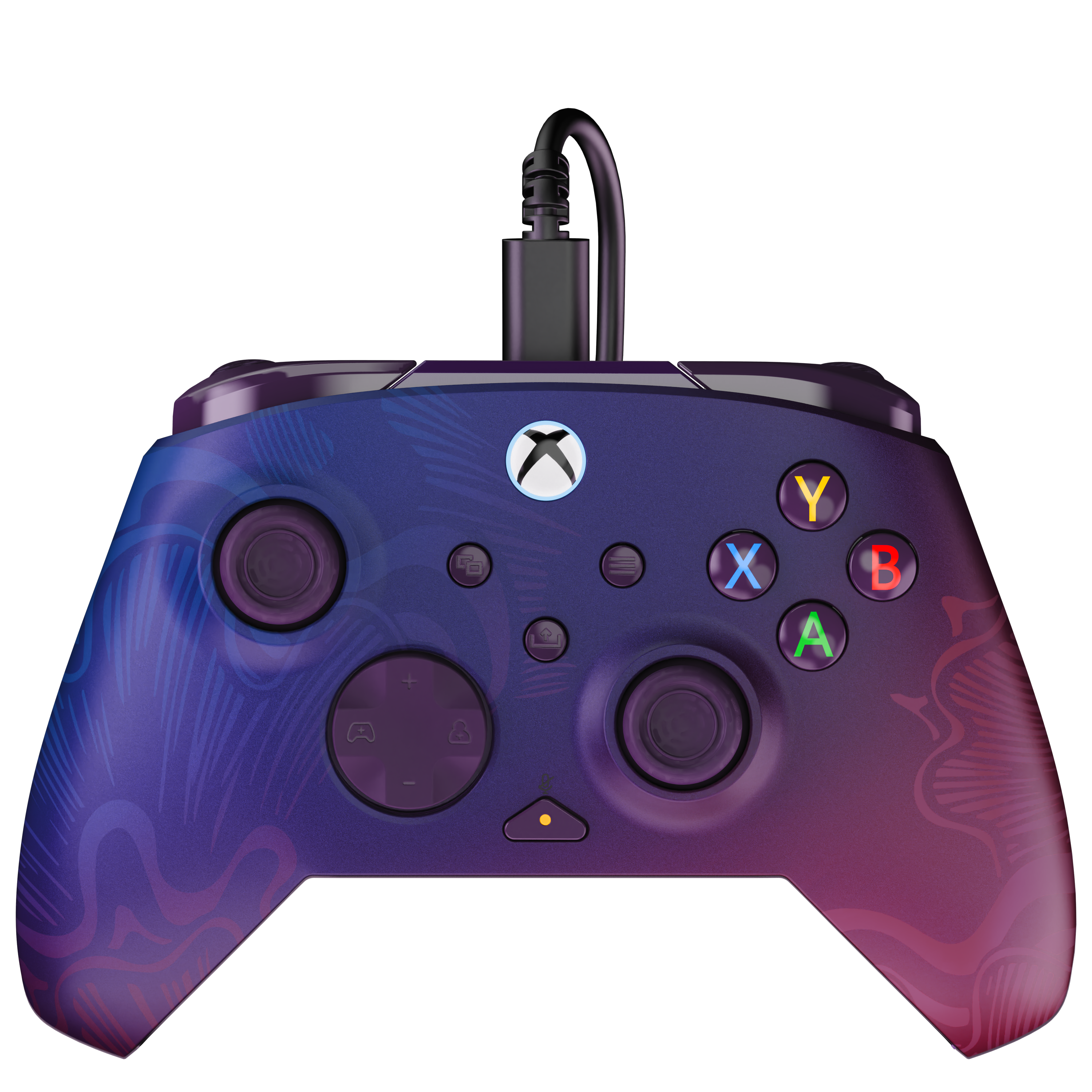Manette Xbox filaire violette avec motif floral, logo lumineux et boutons d'action colorés sur fond blanc.