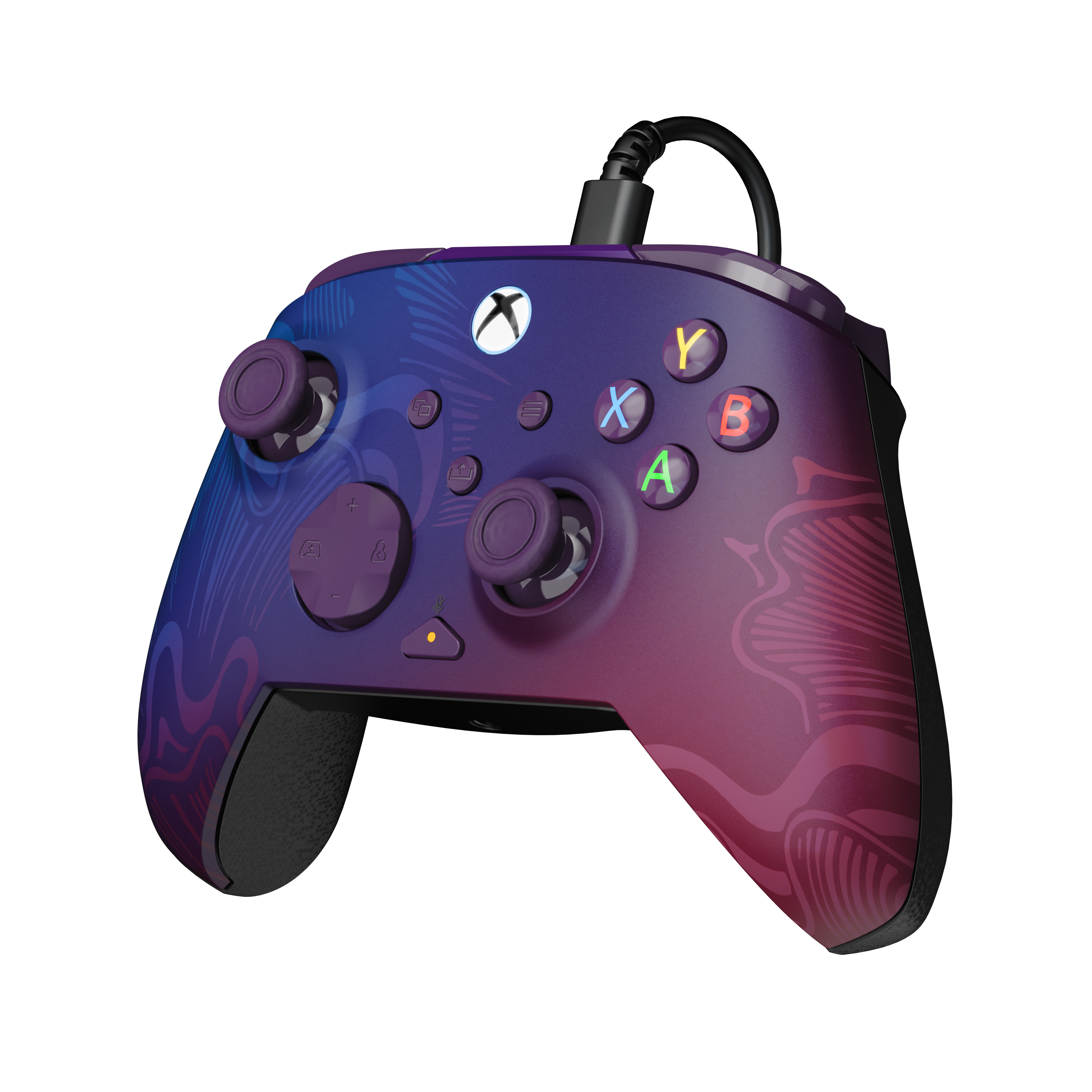 Une manette Xbox filaire violette et bleue avec un motif floral et des boutons ABXY colorés sur fond noir.
