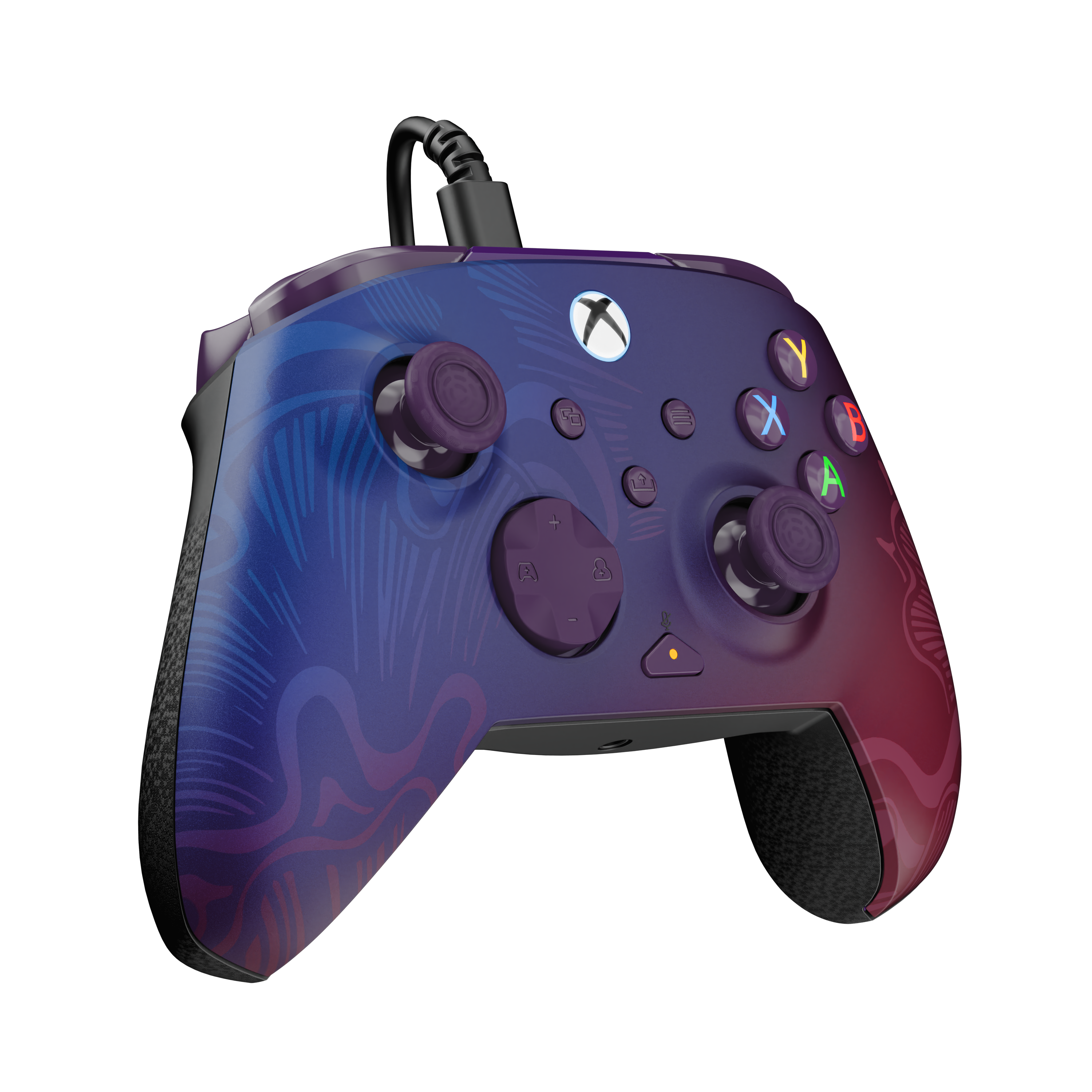 Une manette Xbox violette et bleue avec des boutons colorés et un câble connecté sur fond noir.