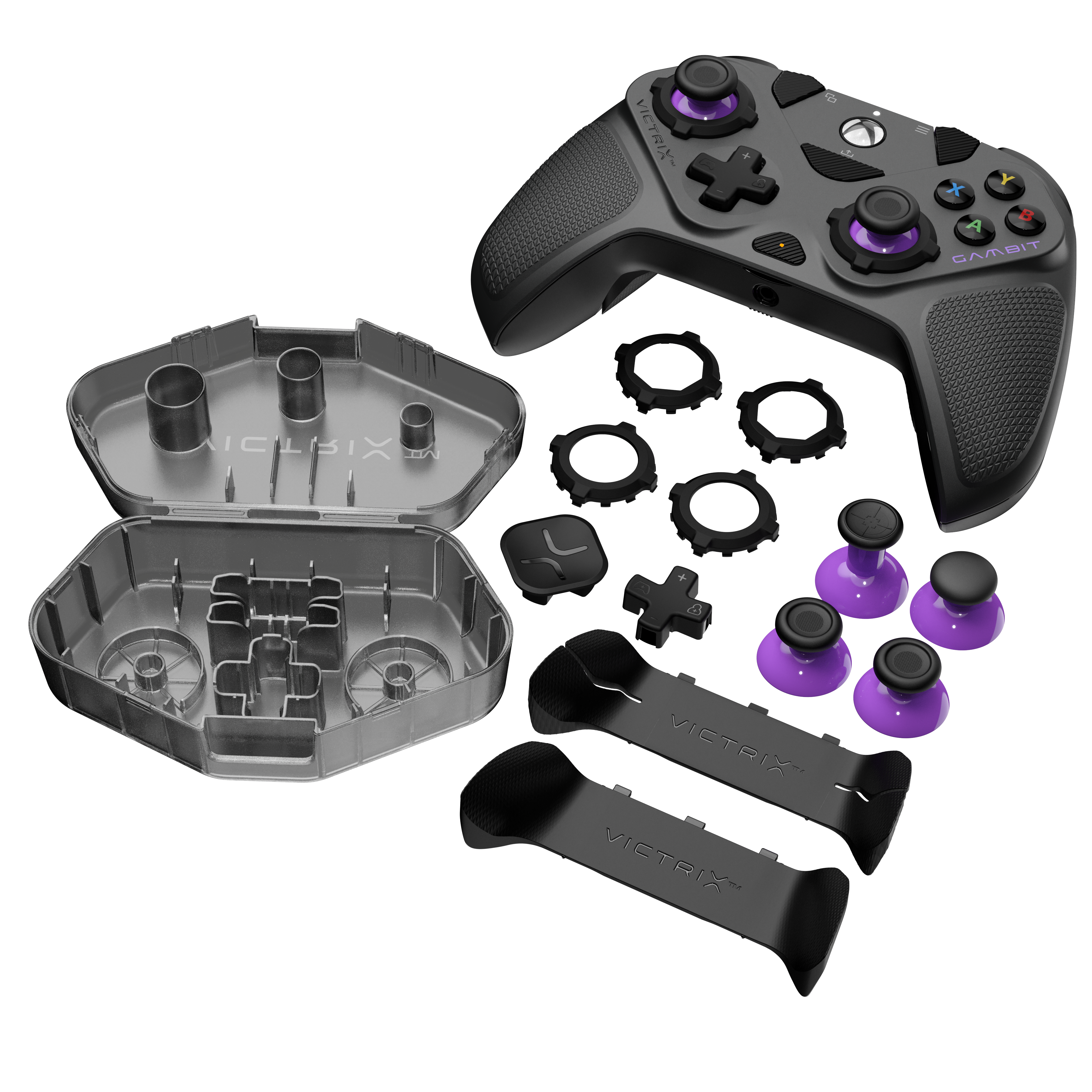 Manette noire Victrix Gambit avec un étui rigide gris ouvert et des accessoires interchangeables.