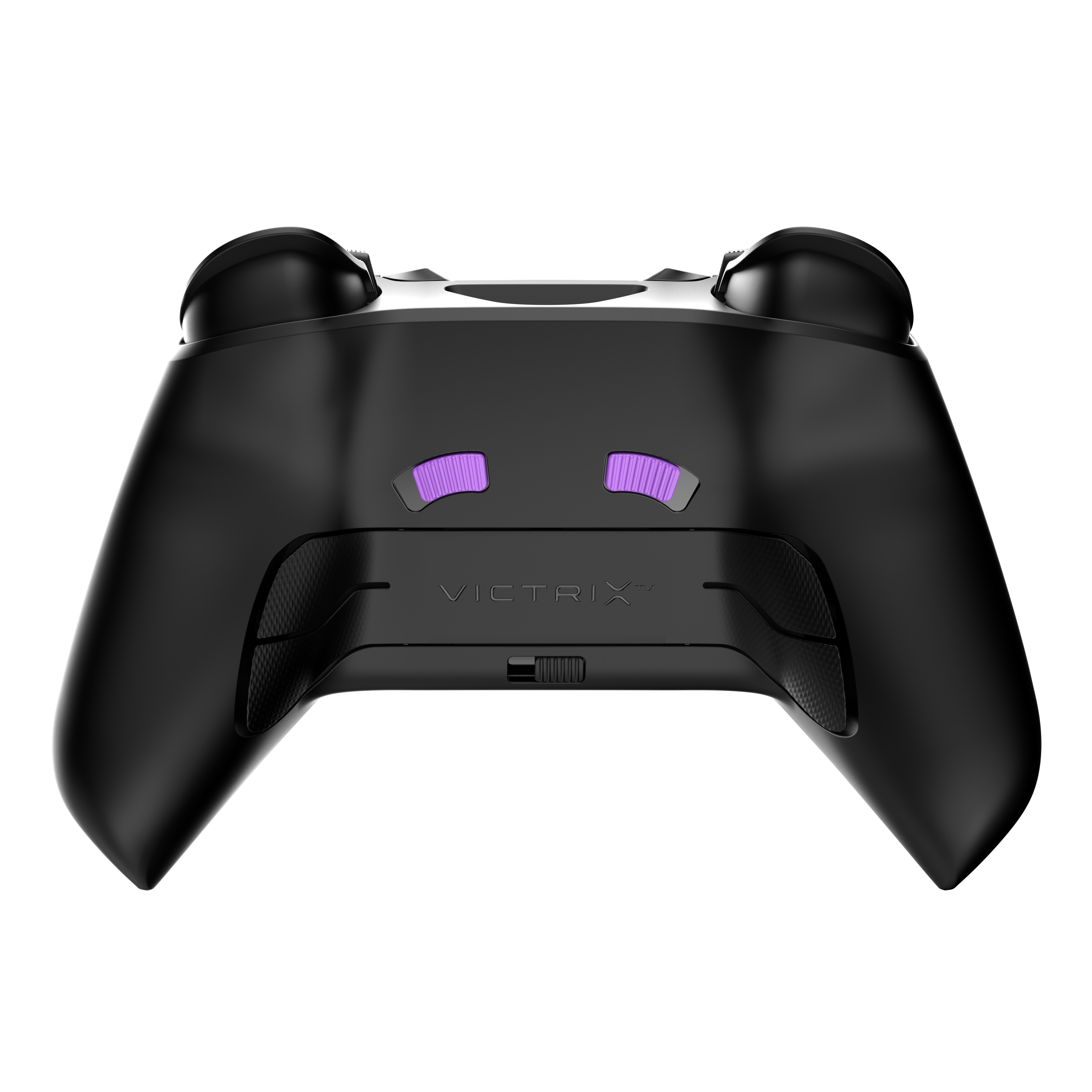 Vue arrière d'une manette Victrix noire avec deux palettes violettes et des poignées texturées sur fond noir.