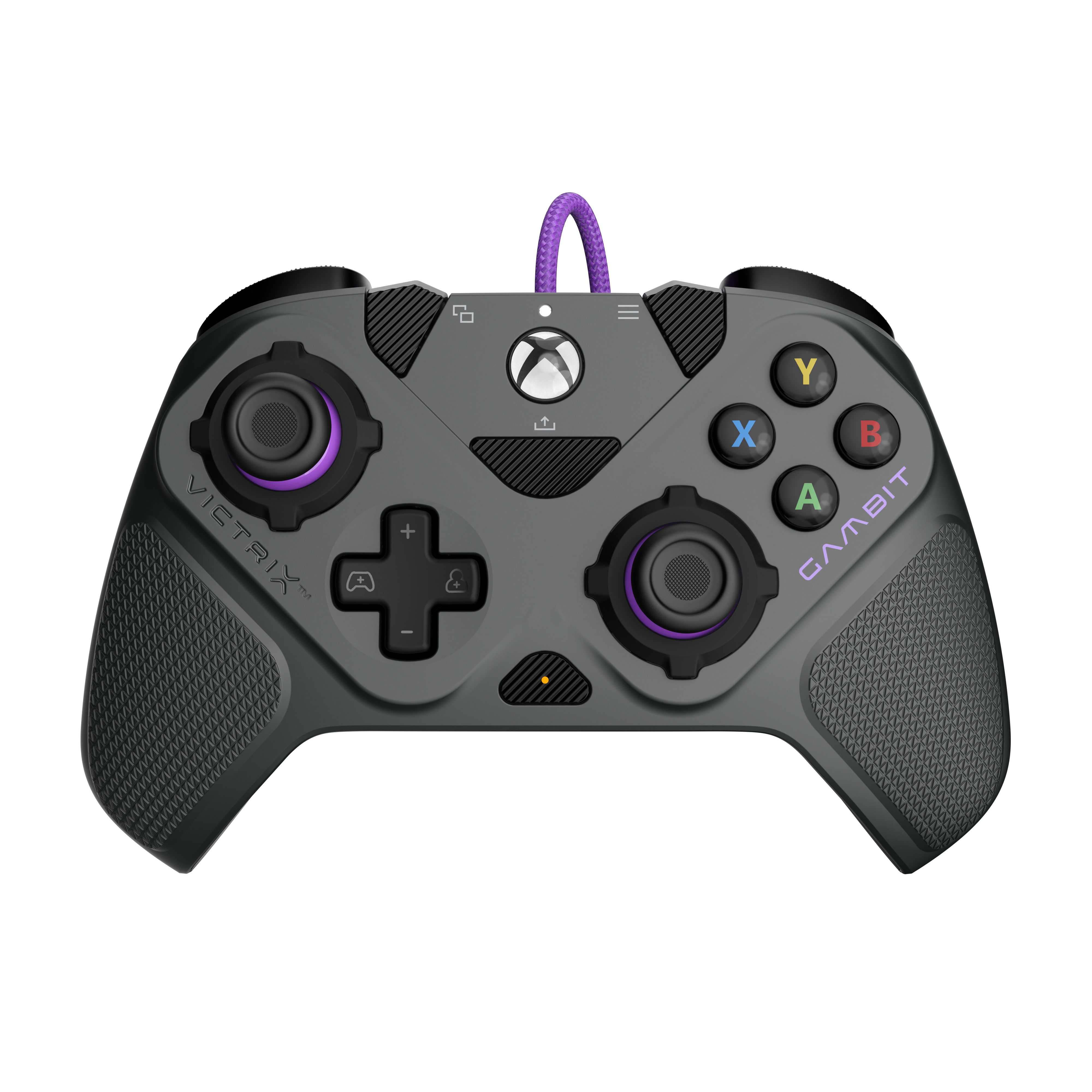 Une manette Xbox Victrix Gambit noire avec des accents violets et un câble violet tressé sur le dessus.