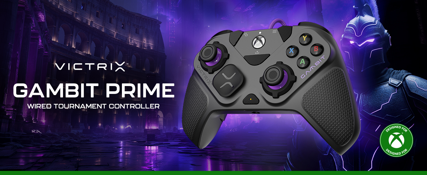 Manette de tournoi filaire Victrix Gambit Prime pour Xbox sur fond futuriste éclairé en violet.