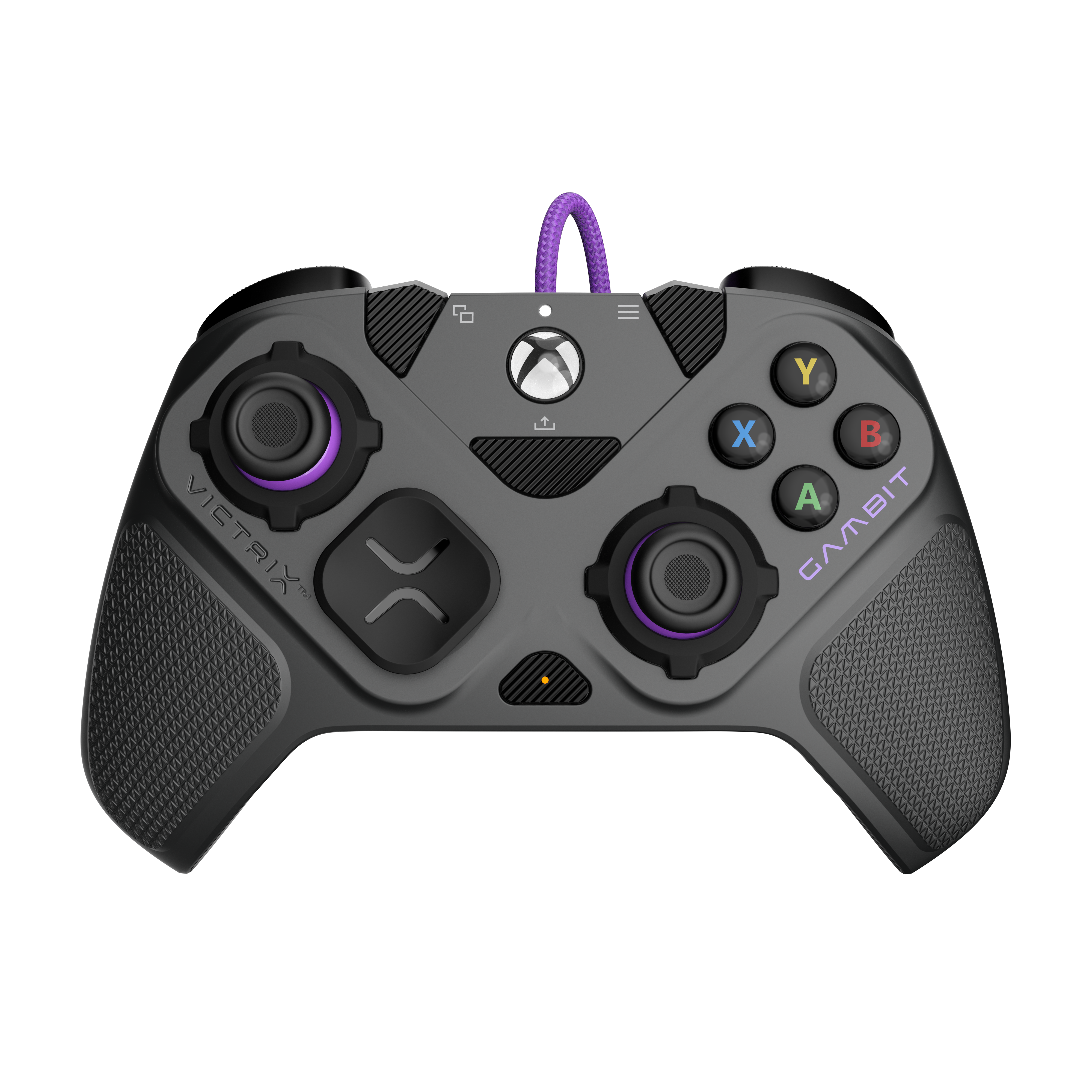 Une manette Xbox noire Victrix Gambit avec des accents et un câble violets sur fond blanc.