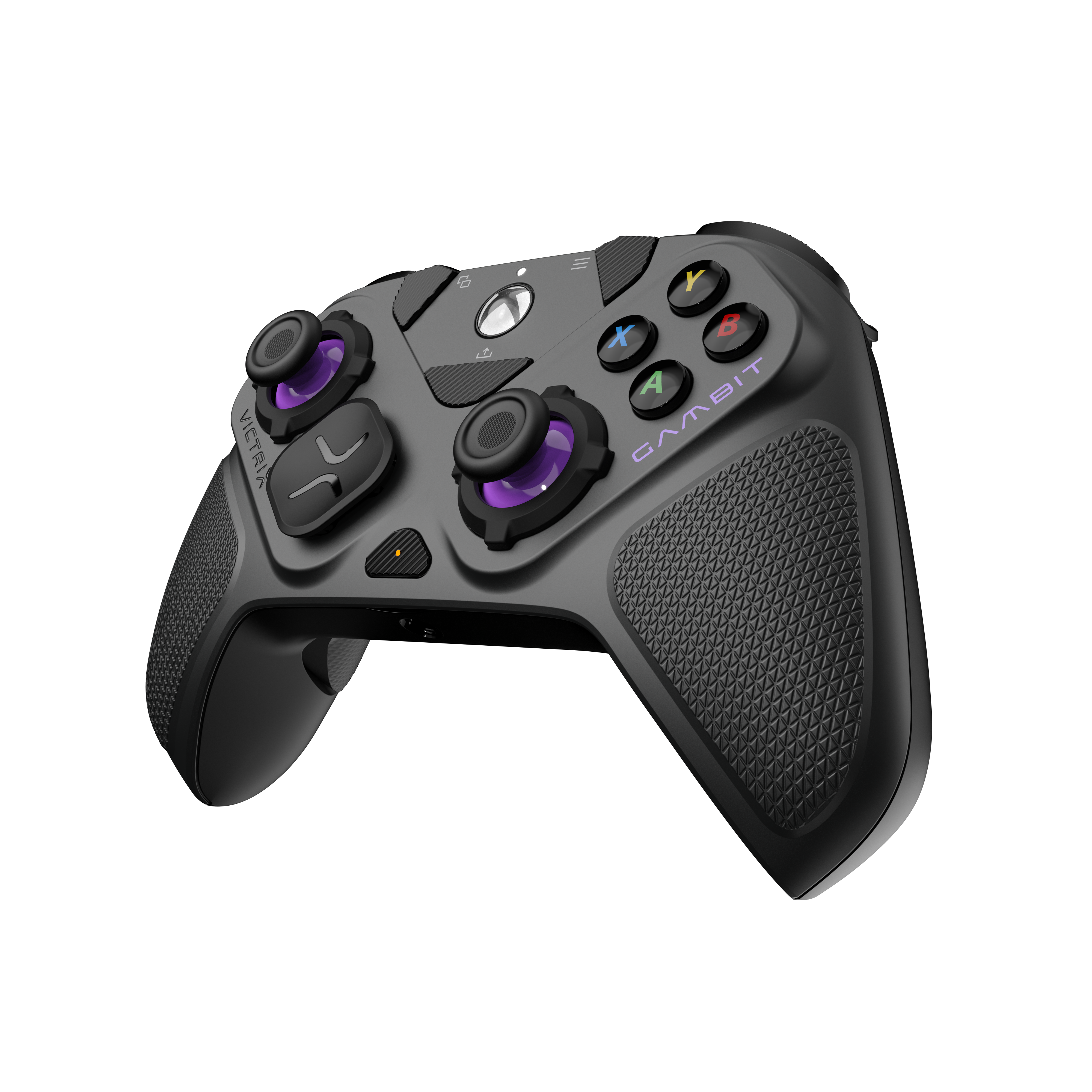Manette Xbox noire avec poignées texturées, boutons d'action colorés et accents violets.
