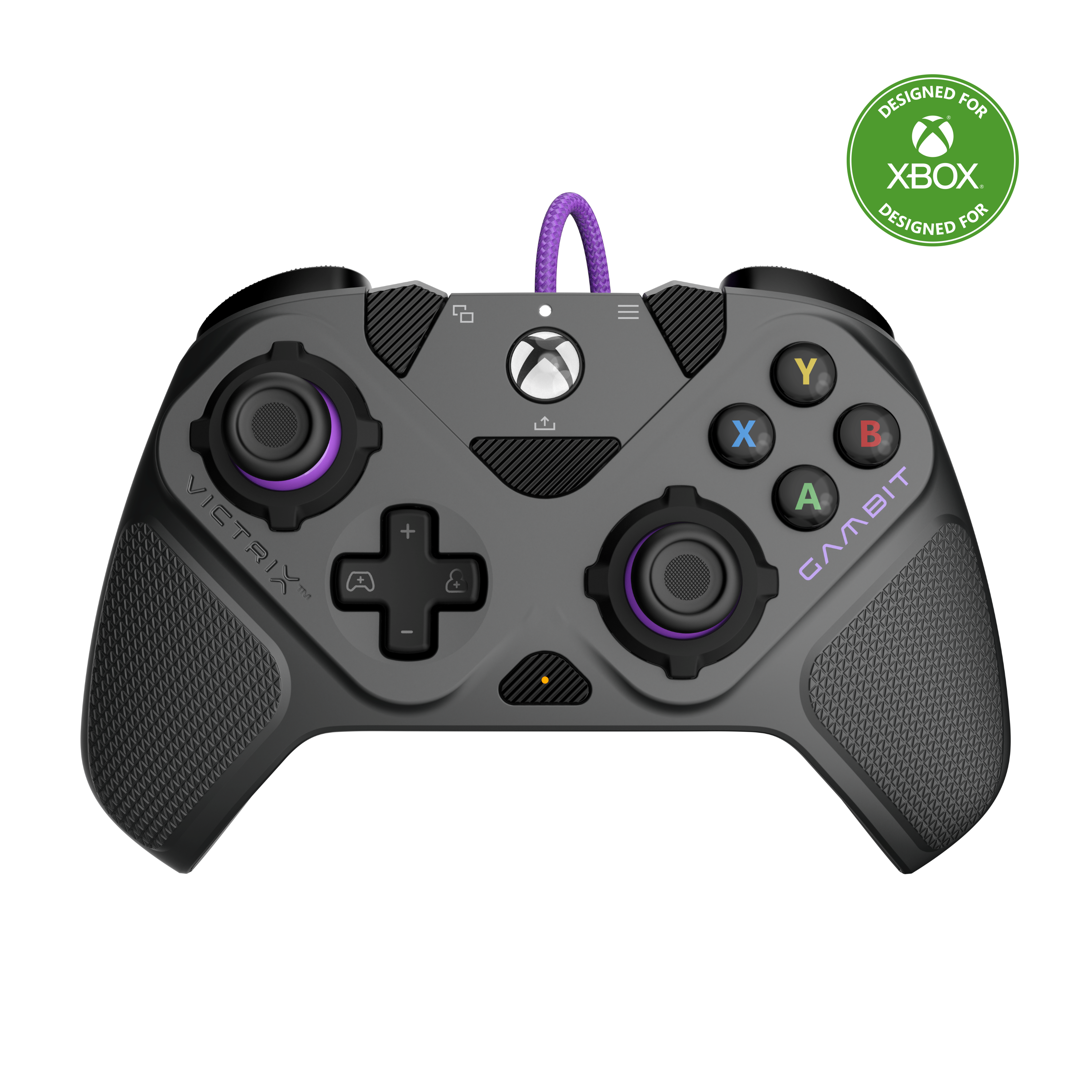 Manette Xbox Victrix Gambit noire avec accents et câble violets, isolée sur fond noir.