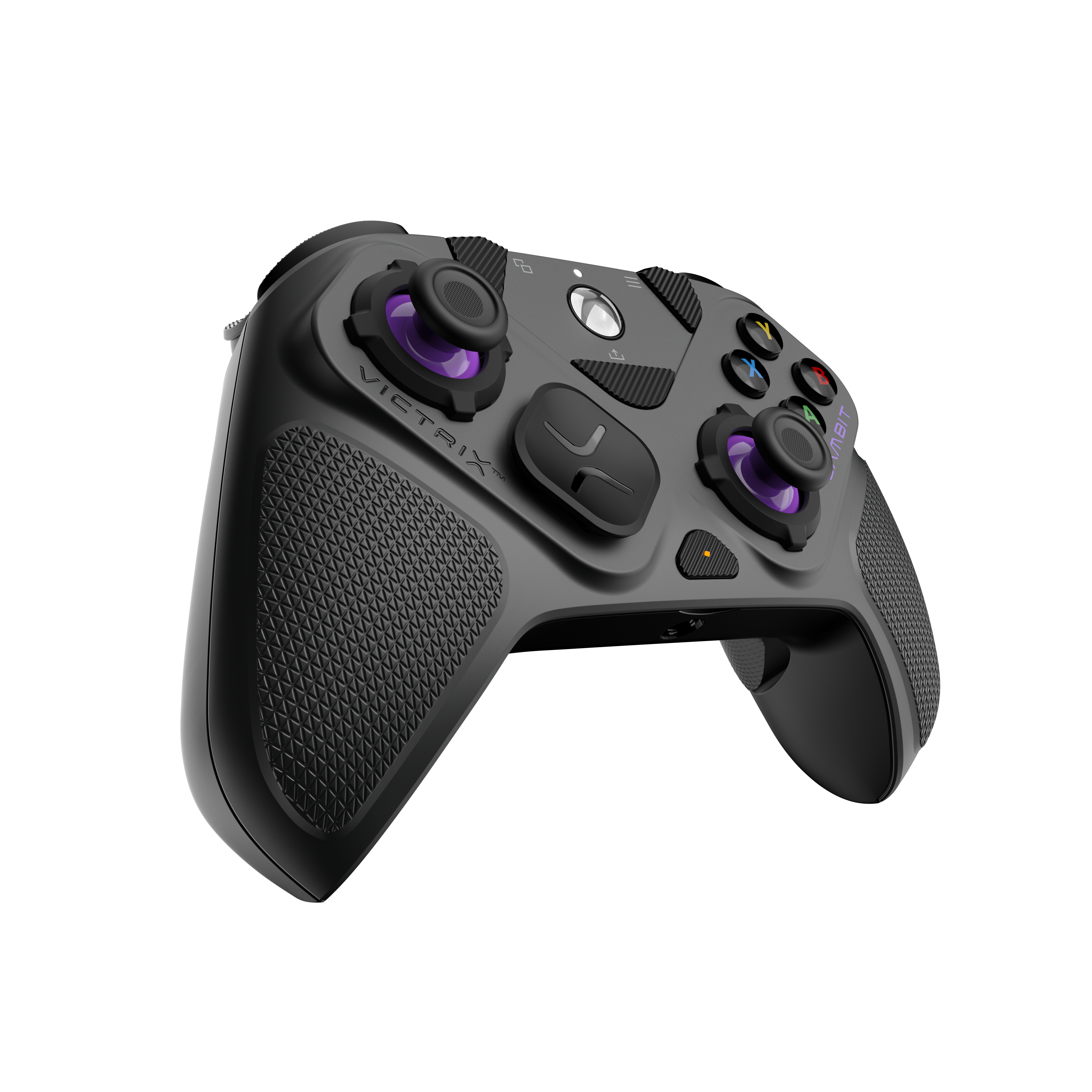 Une manette noire Victrix pour Xbox avec des poignées texturées et des accents violets sur fond blanc.