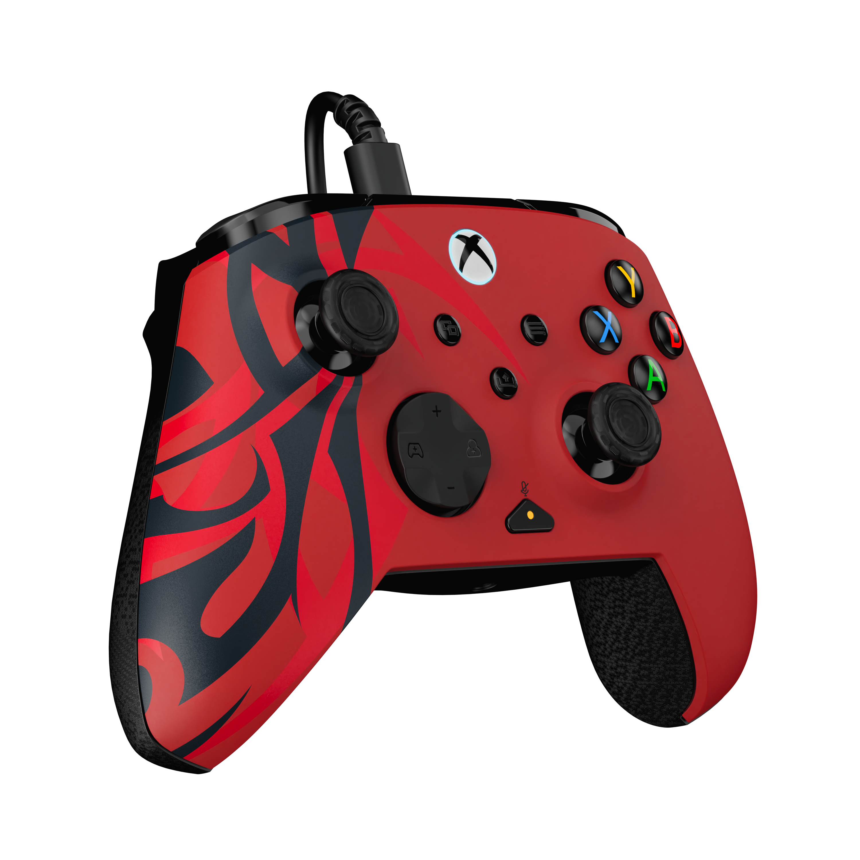 Une manette Xbox rouge et noire avec des boutons colorés sur fond noir.