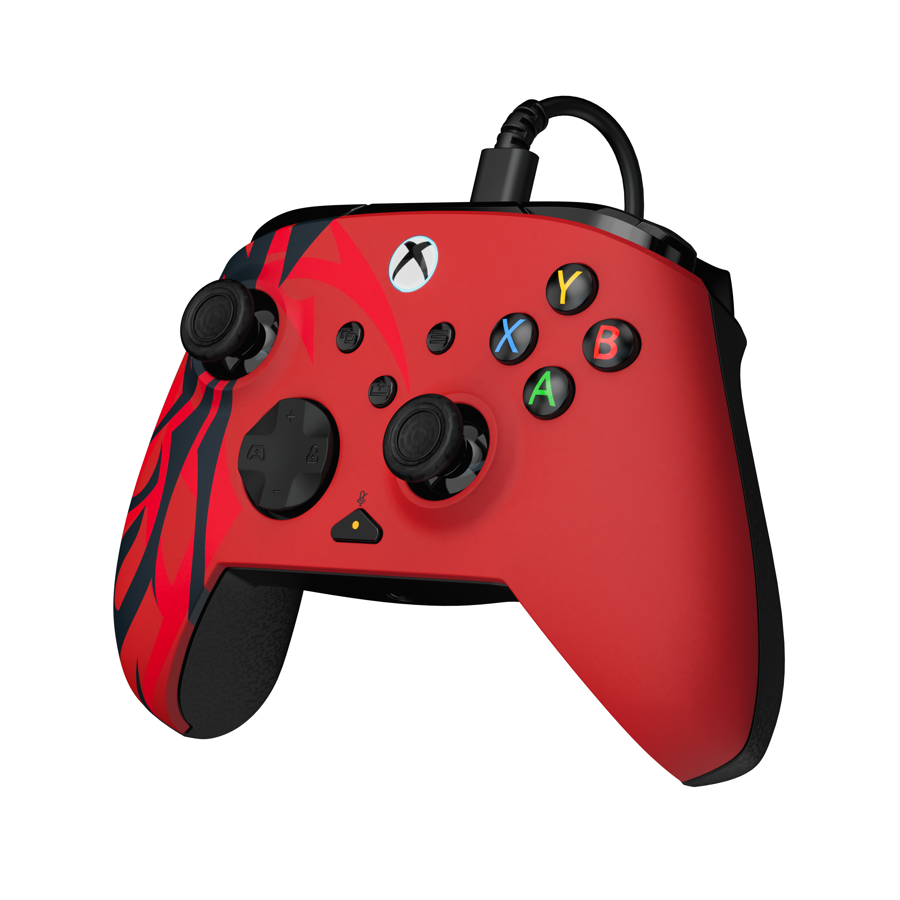 Une manette Xbox filaire rouge avec des motifs abstraits noirs, des boutons d'action colorés et un fond noir.
