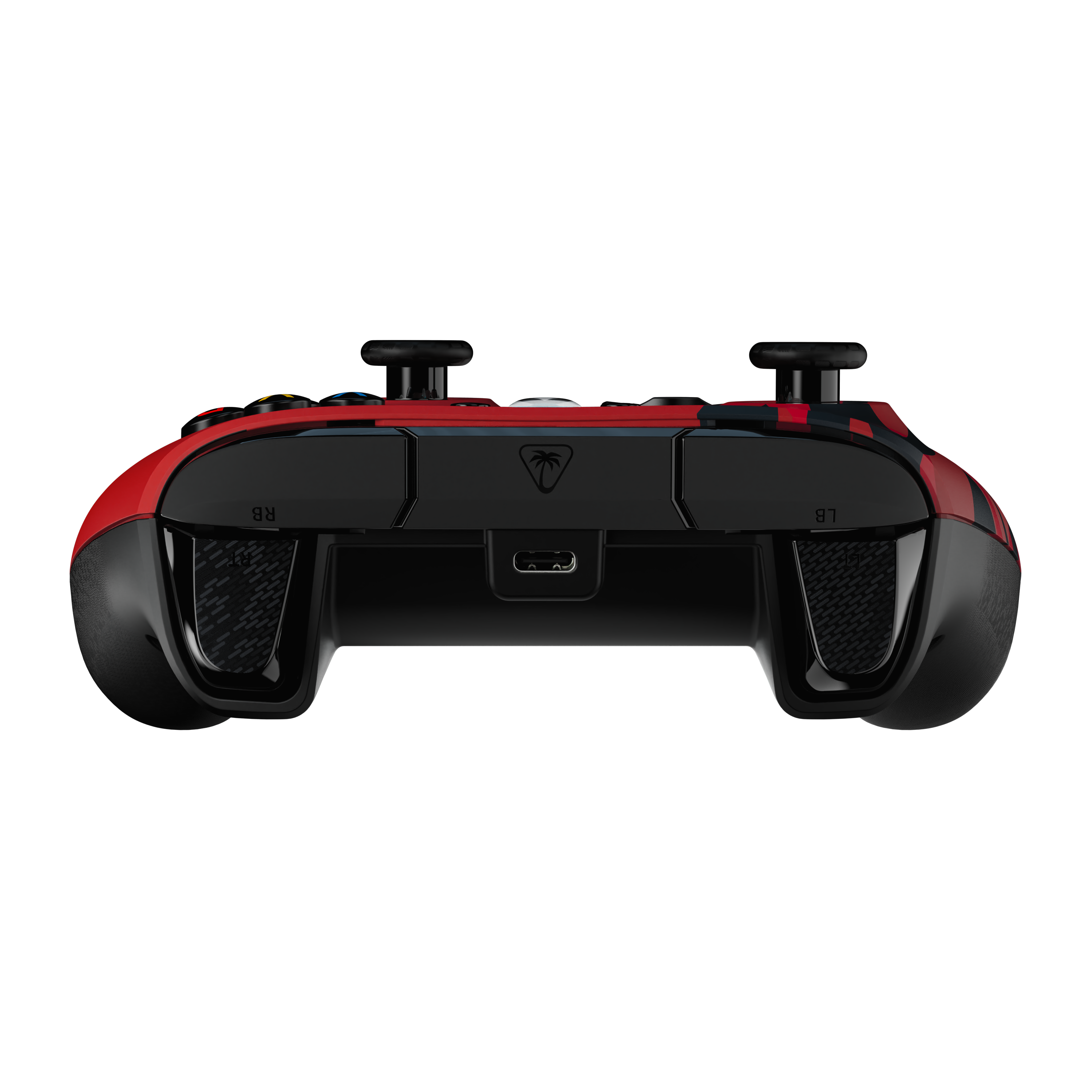 Vue arrière d'une manette rouge et noire avec un port USB-C sur fond noir.