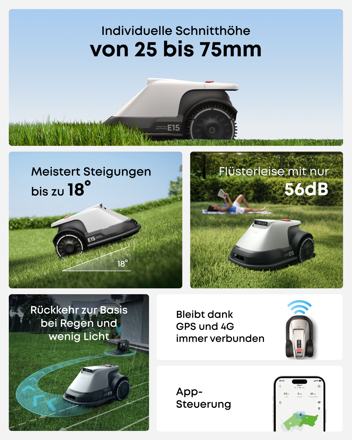 Ein weiß-schwarzer Mähroboter in einem Garten zeigt verschiedene Funktionen wie Steigung und App-Steuerung.