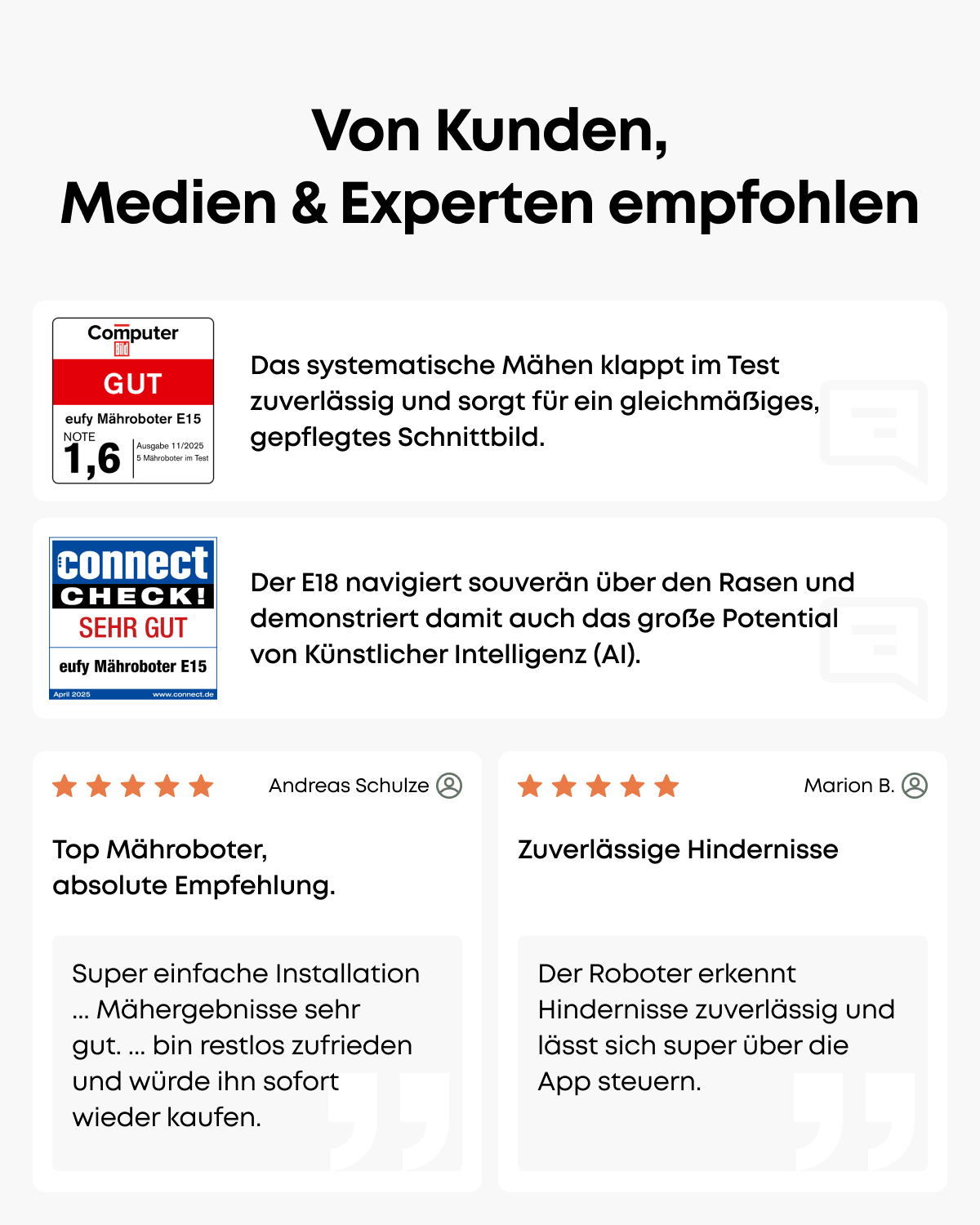 Kunden, Medien und Experten empfehlen den Mähroboter mit positiven Bewertungen und Testergebnissen.