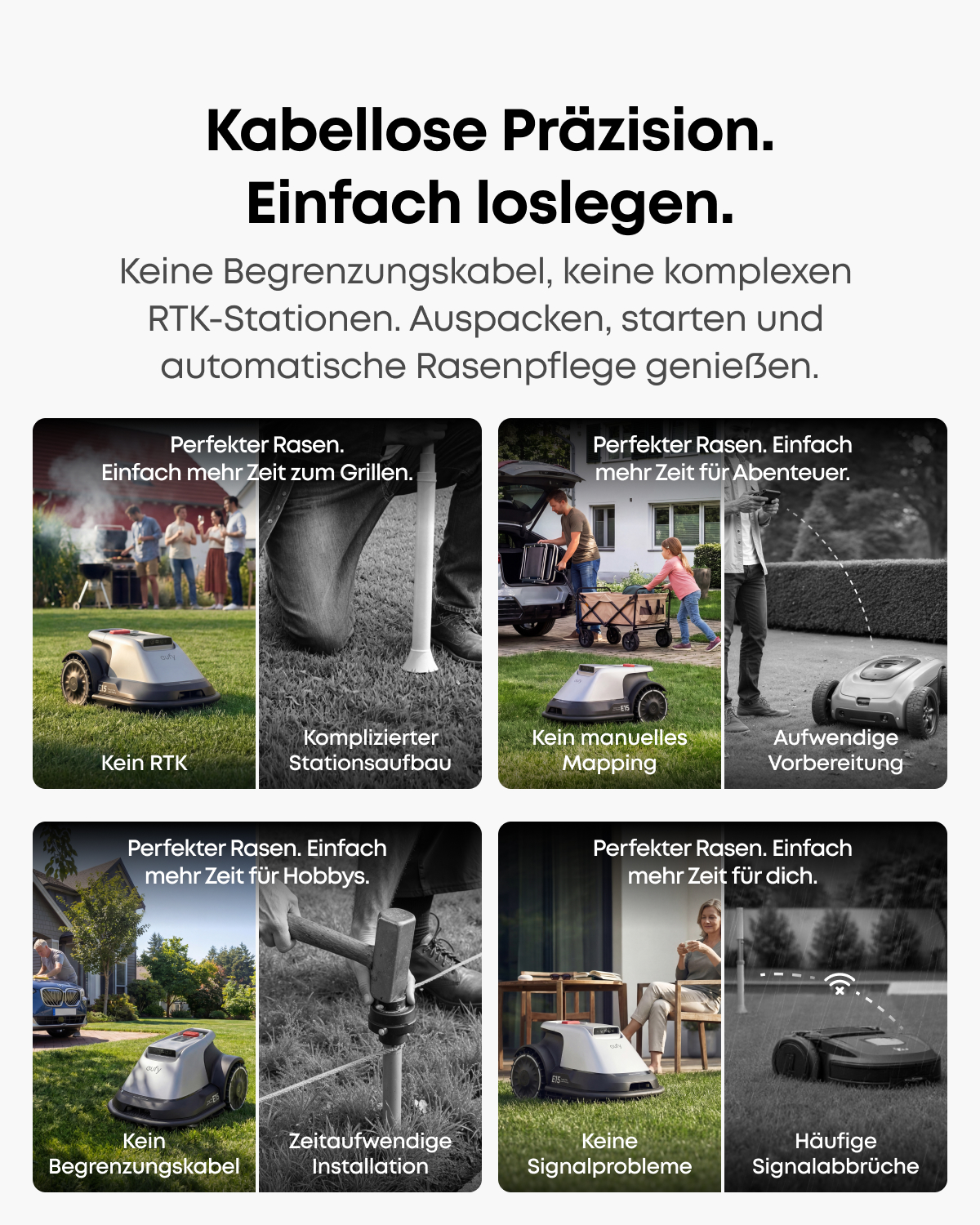 Eine Werbung für einen kabellosen Mähroboter im Vergleich zu komplexen herkömmlichen Methoden.