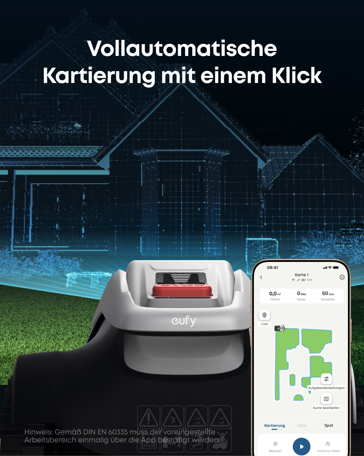 Eufy Mähroboter mit Smartphone-App und blauer Haus-Rastergrafik im Hintergrund.