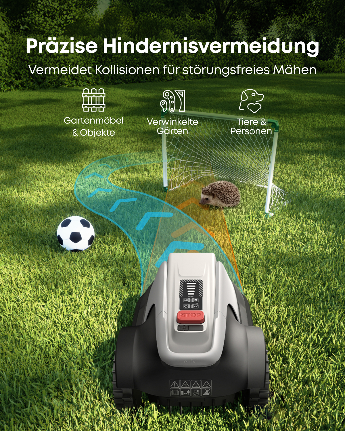 Mähroboter auf Rasen weicht mit Sensorik Hindernissen wie Ball, Tor und Igel aus.